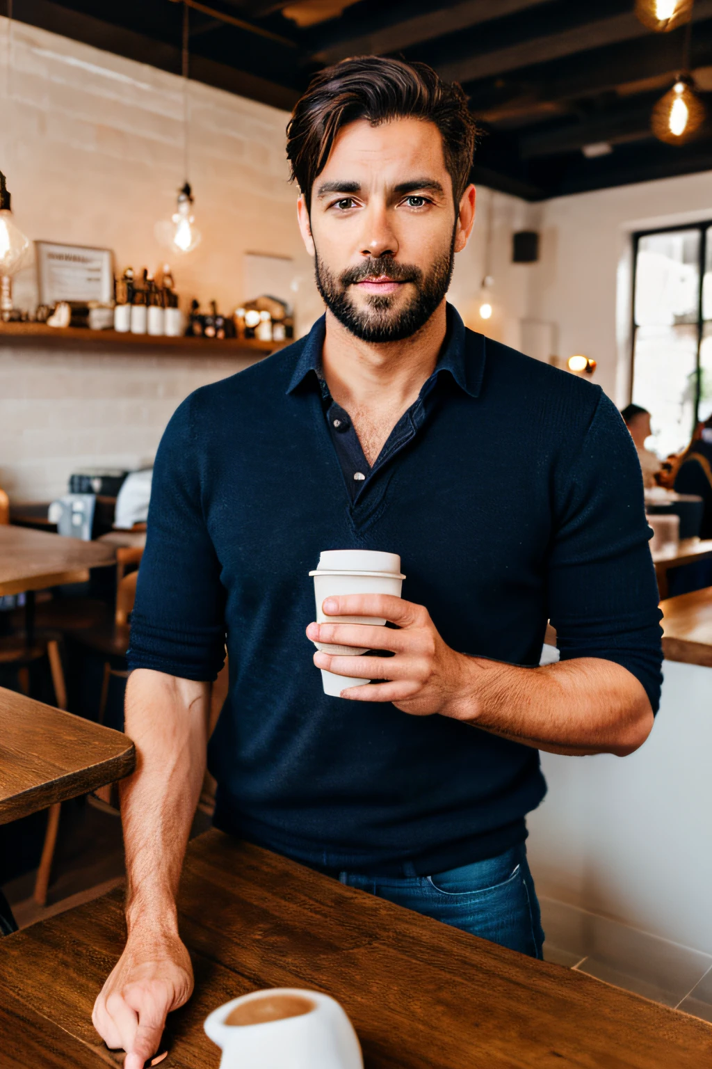 handsome brunette man late 30s at a cafe
