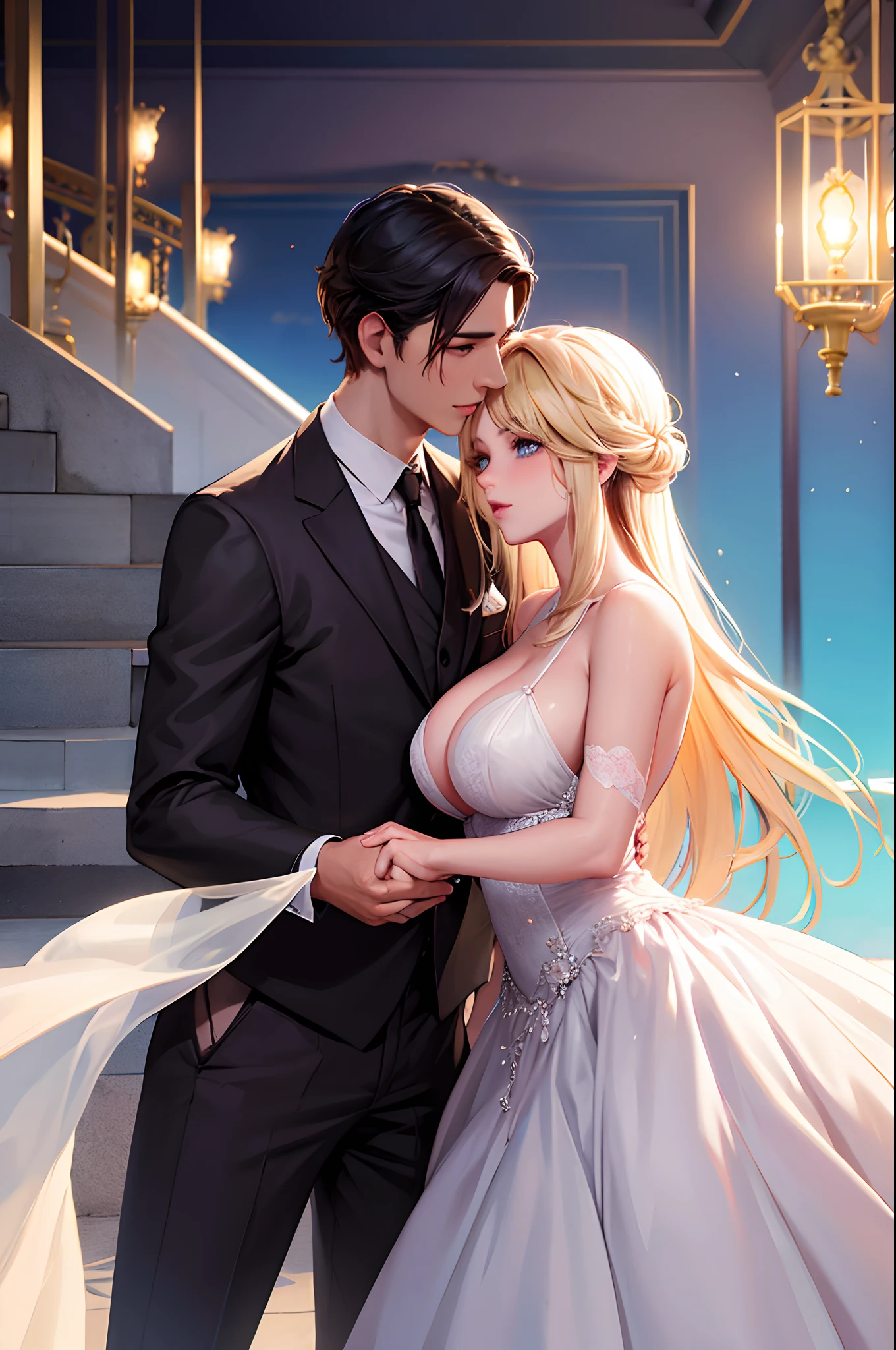 Realistic Style Man And Woman Dressed In Formal Attire Shaking Hands Holding Hands, Estilo de la historia de arce, Beautiful blue-eyed blonde brunette skin with cute eyelashes, egemonica de cabello largo vestida de rosa. Chico calvo con un poquito de cabello atractivo rubio de ojos azules con traje negro Guapo y atractivo, bailando de fondo, estilo comic, Baile en pareja, wearing fantasy formal clothing, Baile de salsa, bailando unos con otros