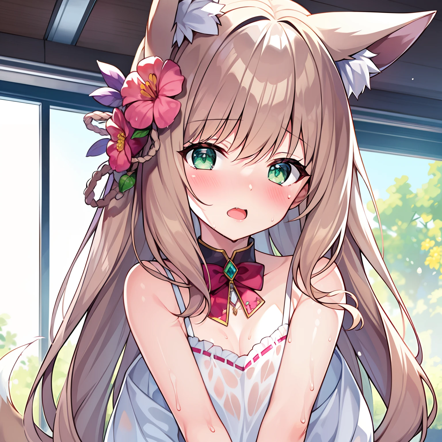(Masterpiece, Best quality, high resolution), 1girll, Solo, Oversized fox tail,Long brown hair,Green eyes,Small flower headdress, (13-year-old junior high school student),Modern architecture,(Blushing:1.3),Showing , , Pink ,Visible ,Wet body , A MILF, Close-up of upper body,Open your mouth_Discharge of white, unidentified pus,