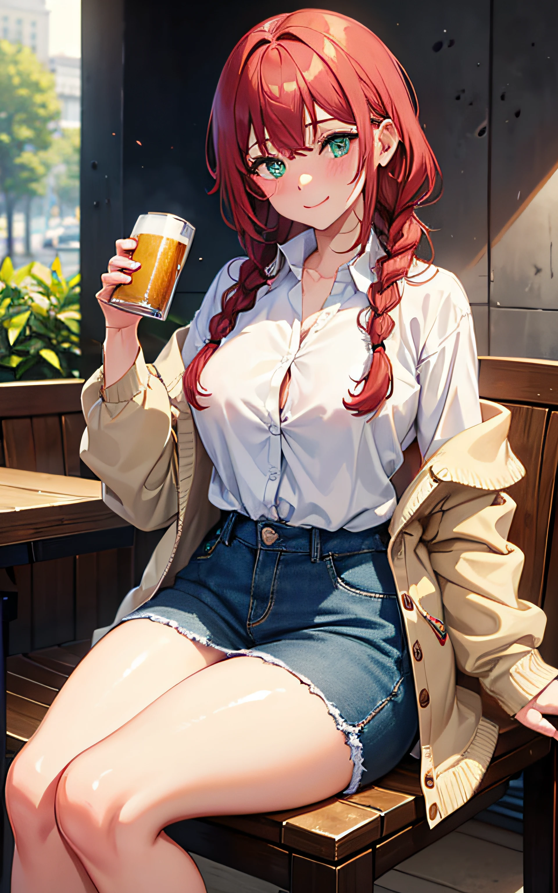 woman, orange hair, large breasts, t-shirt, nipples, thick legs, pub, sitting on chair, beer mug in right hand, smiling, red face, joyful, innocent, toast, drunk, no bra, legs spread to show genitals, sexual, masturbation