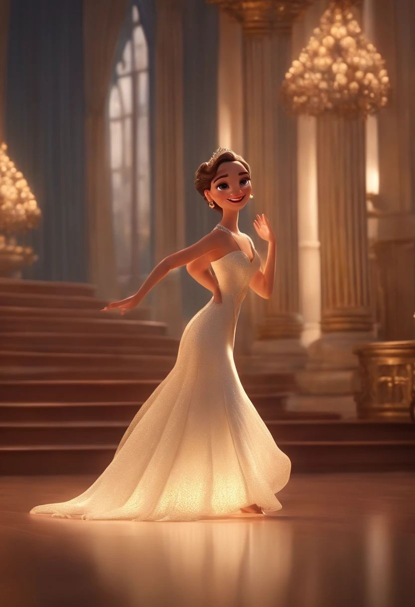 "(best quality,ultra-detalhado,Realistic:1.37),3D rendering,illustration,design de personagens,cabelos curtos e cacheados escuros,belos olhos detalhados,wearing white glasses,Estilo Pixar,morena mulher,Dancing on the Disney stage,atmosfera animada,vivid colors,luzes de palco,expression joyful"