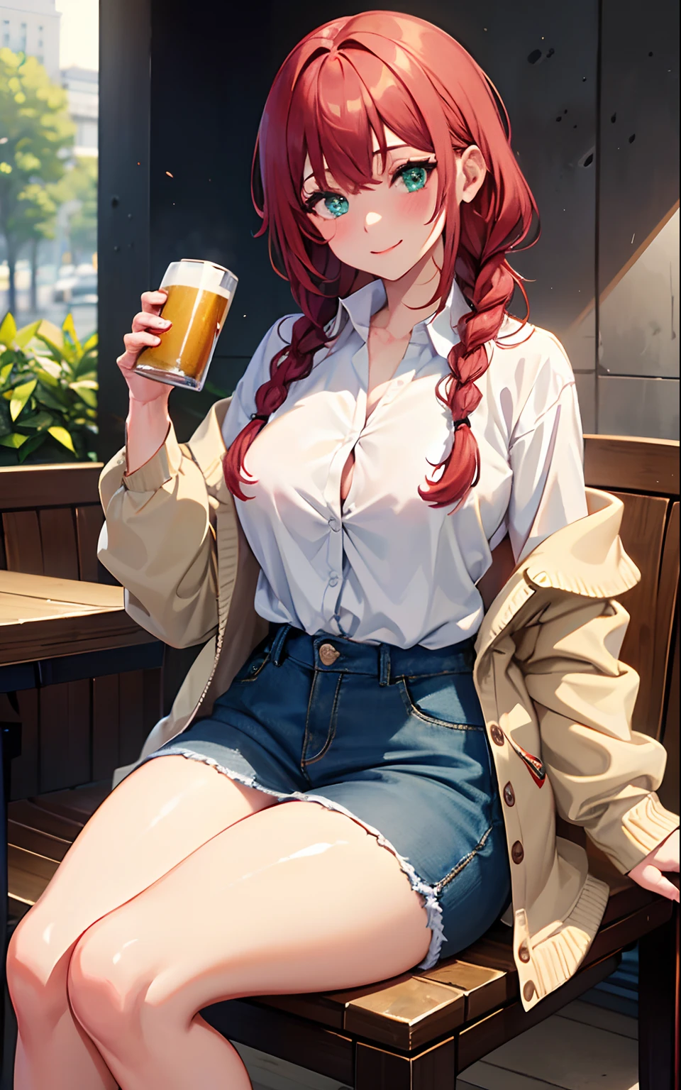 1 Girl, light green eyes, nose, ear, eyebrow, smiling, dark red hairs, long hairs, braid, bangs, hair between the eyes, Watery Big Eyes Sukumizu Spread Out Ear Stud Restaurant, white shirt with buttons, pink cardigan, thight beige jeans, blushing lora:add_detail , thin waist, chubby belly, big chest, thick legs, big thigh, sat on a chair, beer in hand
