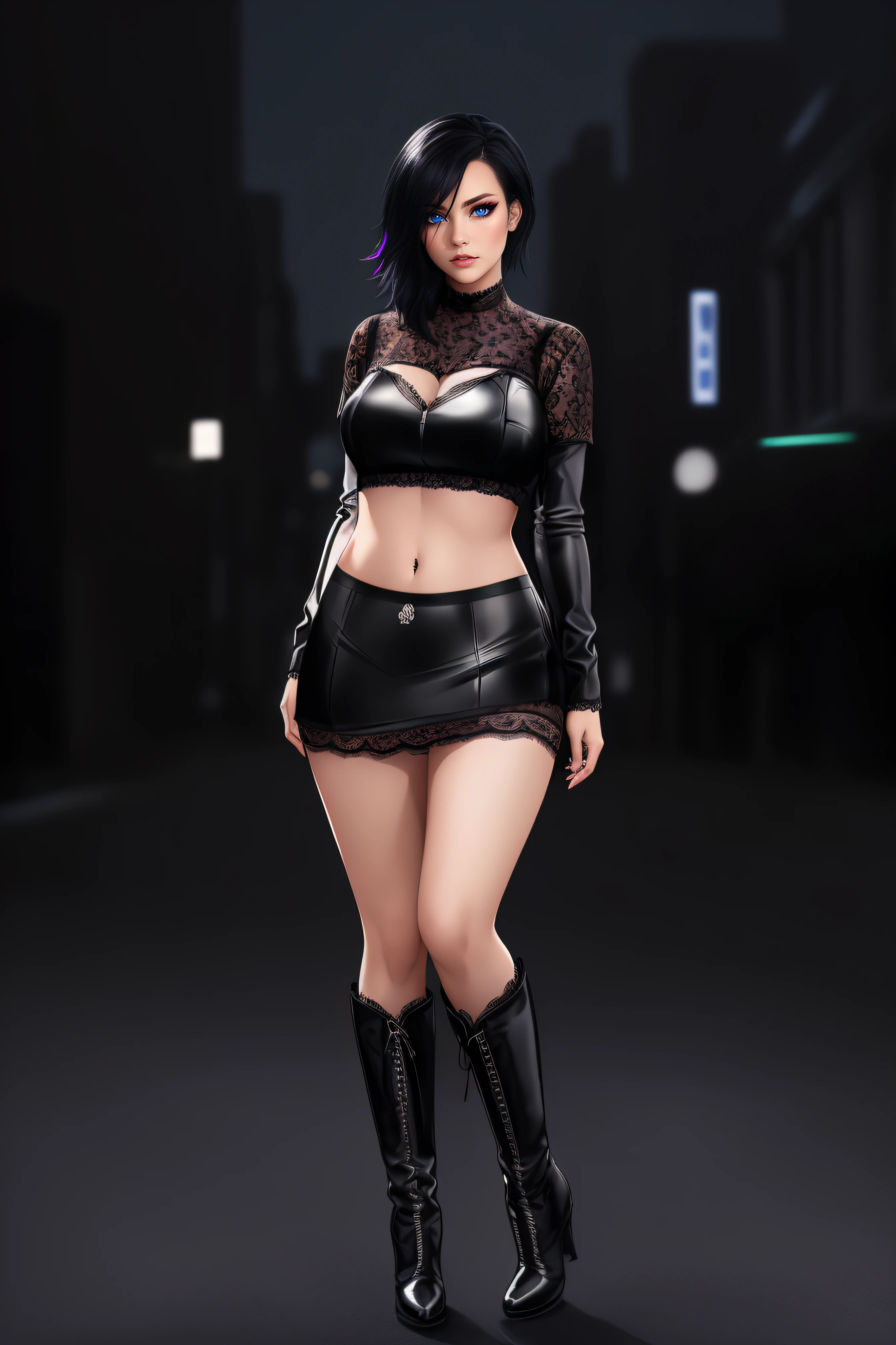 25-Year-Old Woman, Full Body, (standing:1.4), short bright neon streaked black hair, (realistic highly detailed eyes:1.4), (seductive pose:1.2), black eyeshadow, (dominatrix style wear:1.2), (short skirt), (lace underwear:1.4), (knee high heel leather boots), (dark city night black background:1.4), Serious Face, Realistic Face Resolution, Realistic, Object Resolution