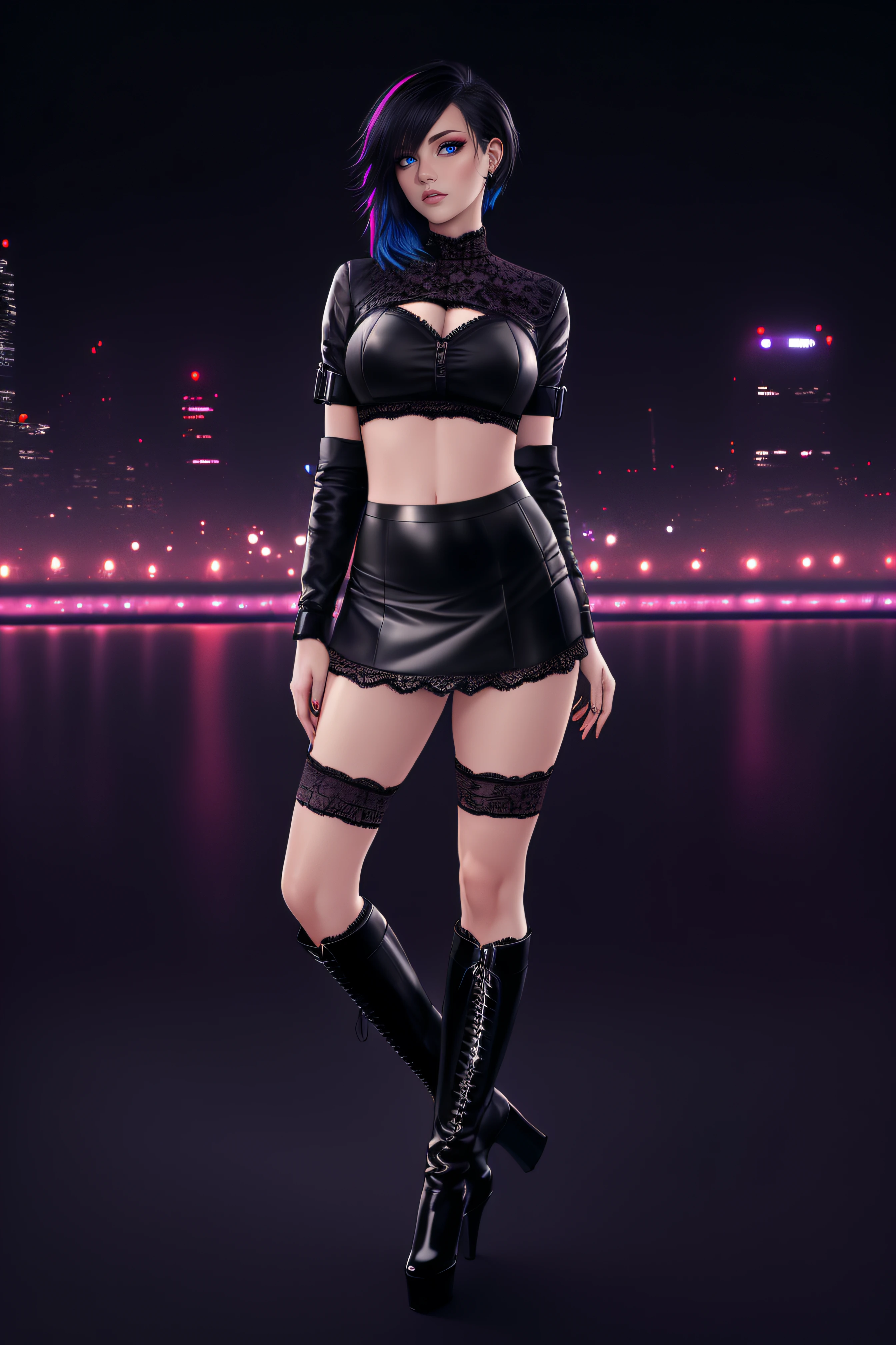 25-Year-Old Woman, Full Body, (standing:1.4), short bright neon streaked black hair, (realistic highly detailed eyes:1.4), (seductive pose:1.2), black eyeshadow, (dominatrix style wear:1.2), (short skirt), (lace underwear:1.4), (knee high heel leather boots), (dark city night black background:1.4), Serious Face, Realistic Face Resolution, Realistic, Object Resolution