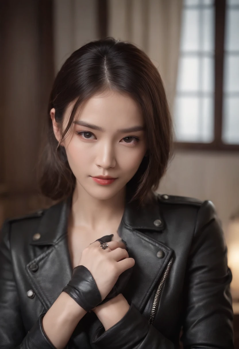 He wears black leather gloves on his upper body,Fingertips on both sides, Black leather double rider jacket, slender necklace, Exquisite brunette, Young and lovely Japanese presidential room