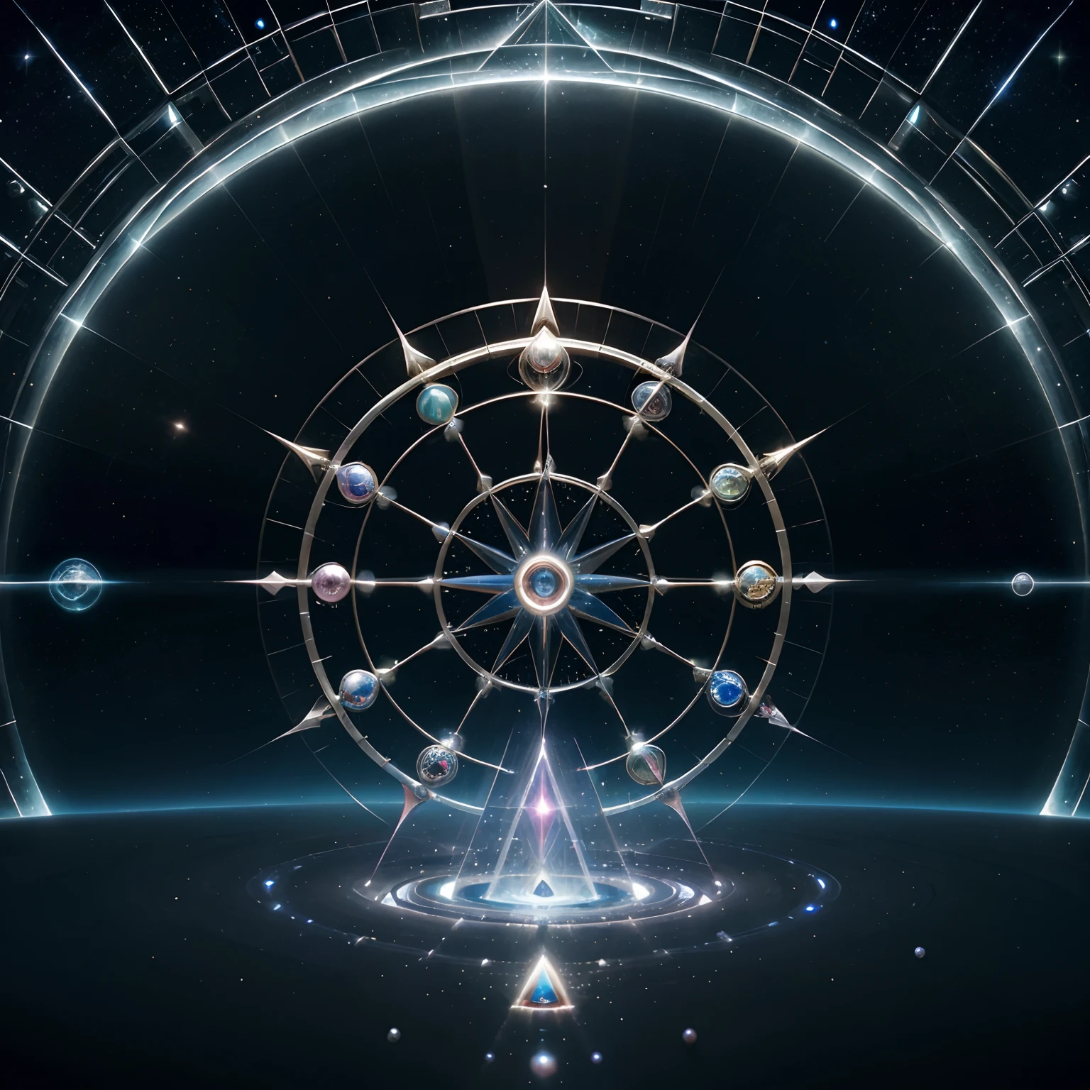 Celestial image of a circular mystical artifact with seven jewels chisel the mysterious artifact that floats in infinite space, astrolabe, Star - Gate of Futurism, inter dimensional clockwork, Geometria e astrologia, interplanetary cathedral, interstellar vortex through time, Stargate, Distortion of crystallization time, Portal interestelar majestoso olho luz estranha