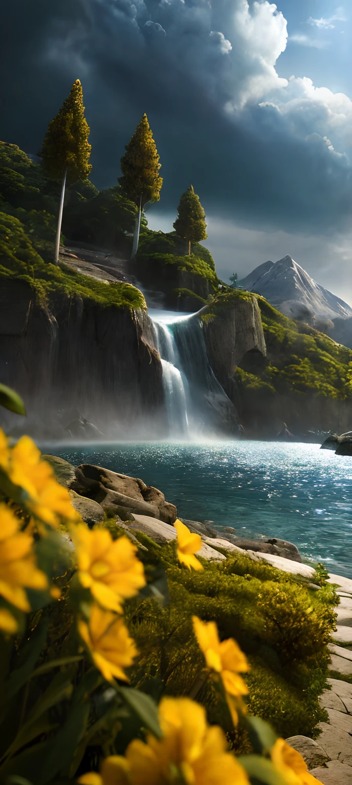 Masterpiece, best quality, high quality, extremely detailed CG unity 8k wallpaper, landscape, outdoor, sky, cloud, sky, no humans, mountain, landscape, water, tree, blue sky, waterfall, cliff, nature, lake, river , cloudy skies, award winning photography, bokeh, depth of field, HDR, bloom, chromatic aberration, photorealism, very detailed, trending on artstation, trending on CGsociety, intricate, high detail, dramatic, midjourney art