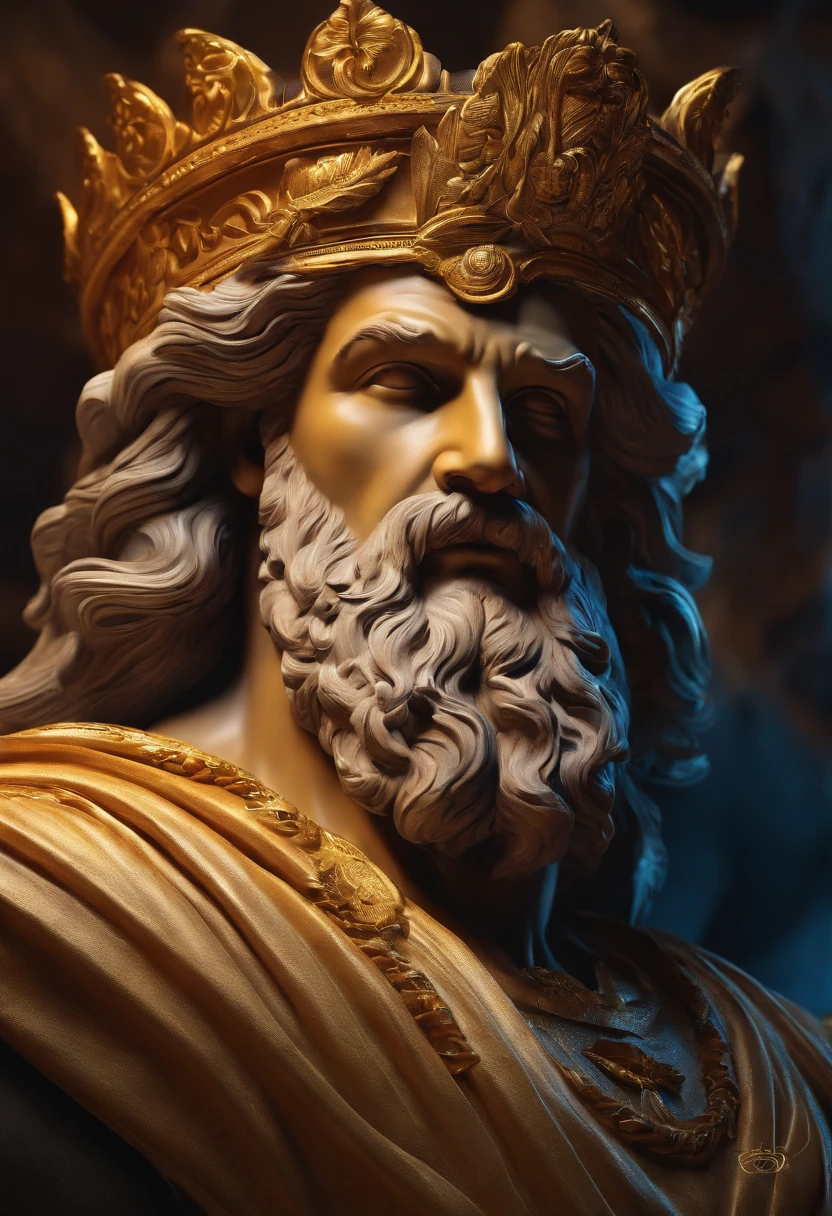 Zeus ruler of other Greek gods who is Greek historical status with Hercules profile muscles cinematic 8k and dark background