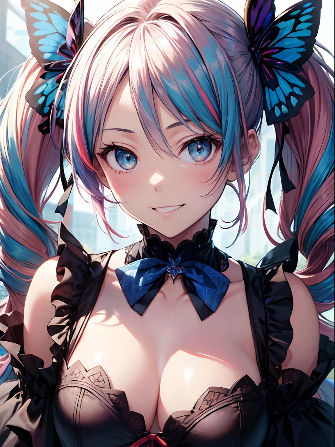(masutepiece:1.3), (8K, Photorealistic, Raw photo, Best Quality: 1.4), Beautiful face, (Realistic face), Beautiful detailed eyes, (Realistic skin), Attractive, Intricate details,Golden ratio, 1 girl,Naughty smile, (rainbow hair:1.4),((Long twintails,Ribbon 1.4)),Gothic Lolita Fashion,(Blue butterfly hair ornament),off shoulders,cleavage,mid-riff peak,Street,graffiti wall,Dynamic Pose,Dynamic Angle,Intricate details, Hyper realistic, Perfect Anatomy、only face、a smile、Smiling、Face enhancement