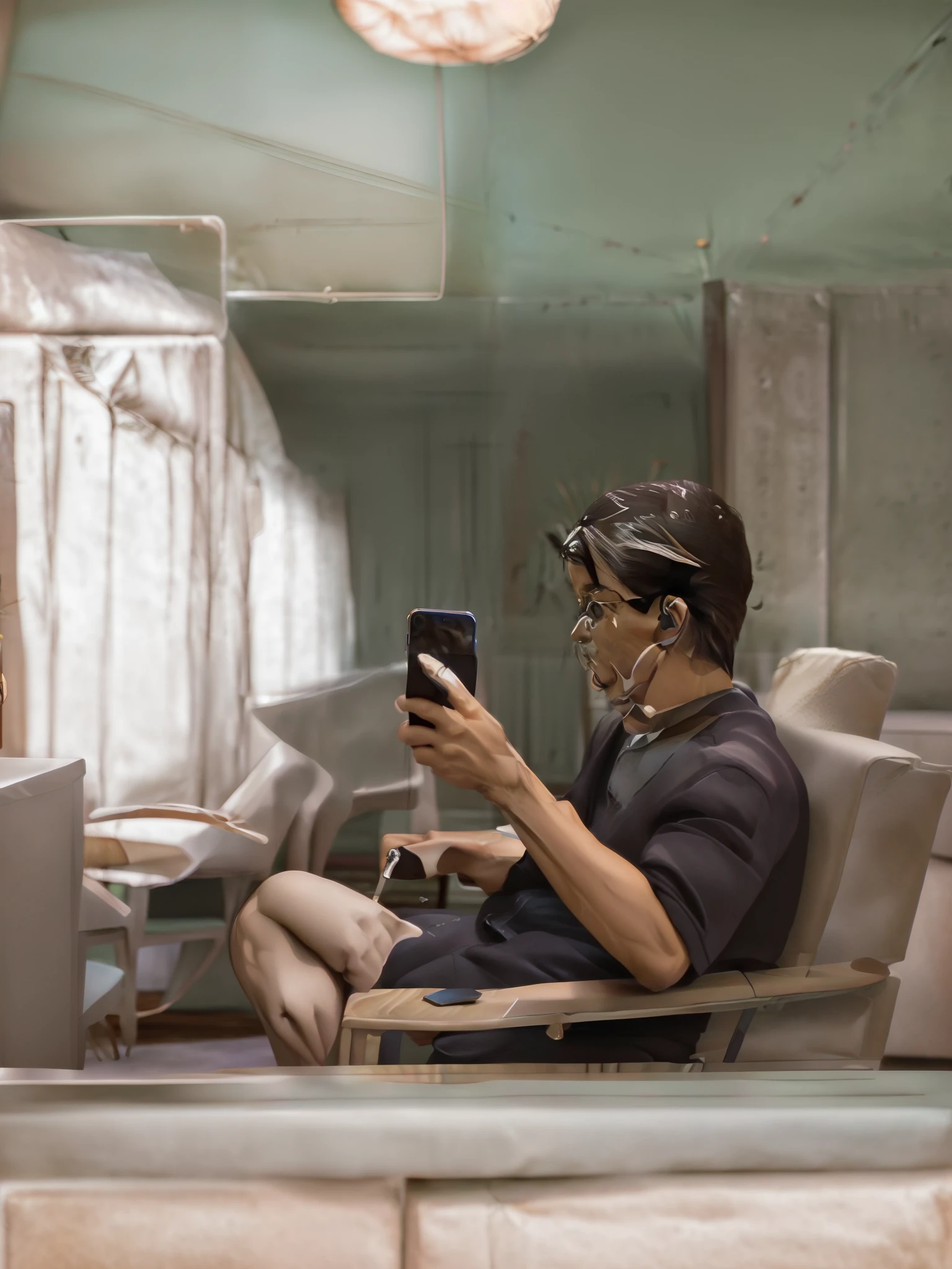 there is a man sitting in a chair using a cell phone, looking at his phone, mirror selfie, by Kanbun Master, 8k selfie photograph, with short hair, captured on iphone, shot with iphone 1 0, taken with sony alpha 9, the hime cut, set on singaporean aesthetic, modern look, selfie, 🕹️ 😎 🚬