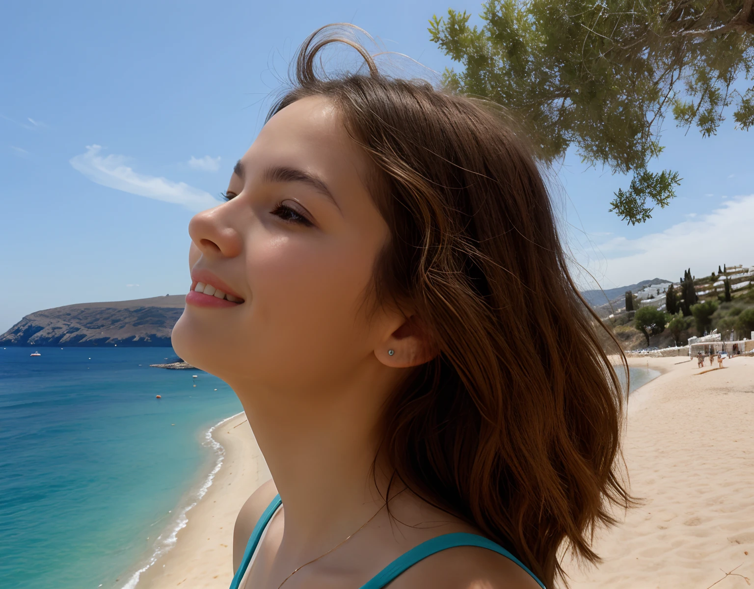 Young slender Greek woman walking on the beach of the Mediterranean Sea, enjoying its beautiful views. Her steps are light and graceful, Like dancing with the waves. Her skin, Tanned by the gentle sun, Shines with a golden hue.

She enjoys the fresh air and the aroma of the salty sea, that penetrates her nostrils. A smile plays on her lips, reflecting her carefree mood.

A Greek woman stops, to feel the soft sand under your feet. She closes her eyes and enjoys the warm rays of the sun, who stroke her face. The sea breeze strokes her hair, Like gentle touches.

She continues her walk along the shore, enjoying the view of the endless Mediterranean Sea. In the distance, you can see delicate shades of blue and green, that blend in with the bright sky.

A young Greek woman feels freedom and experiences genuine happiness, Embraced by nature. Her eyes shine with joy and delight, 'Cause she's aware, which is now in one of the most beautiful places on earth.

Greek girl continues her walk, Enjoying every moment. She feels connected to this place, as if it had become a part of its history and beauty.