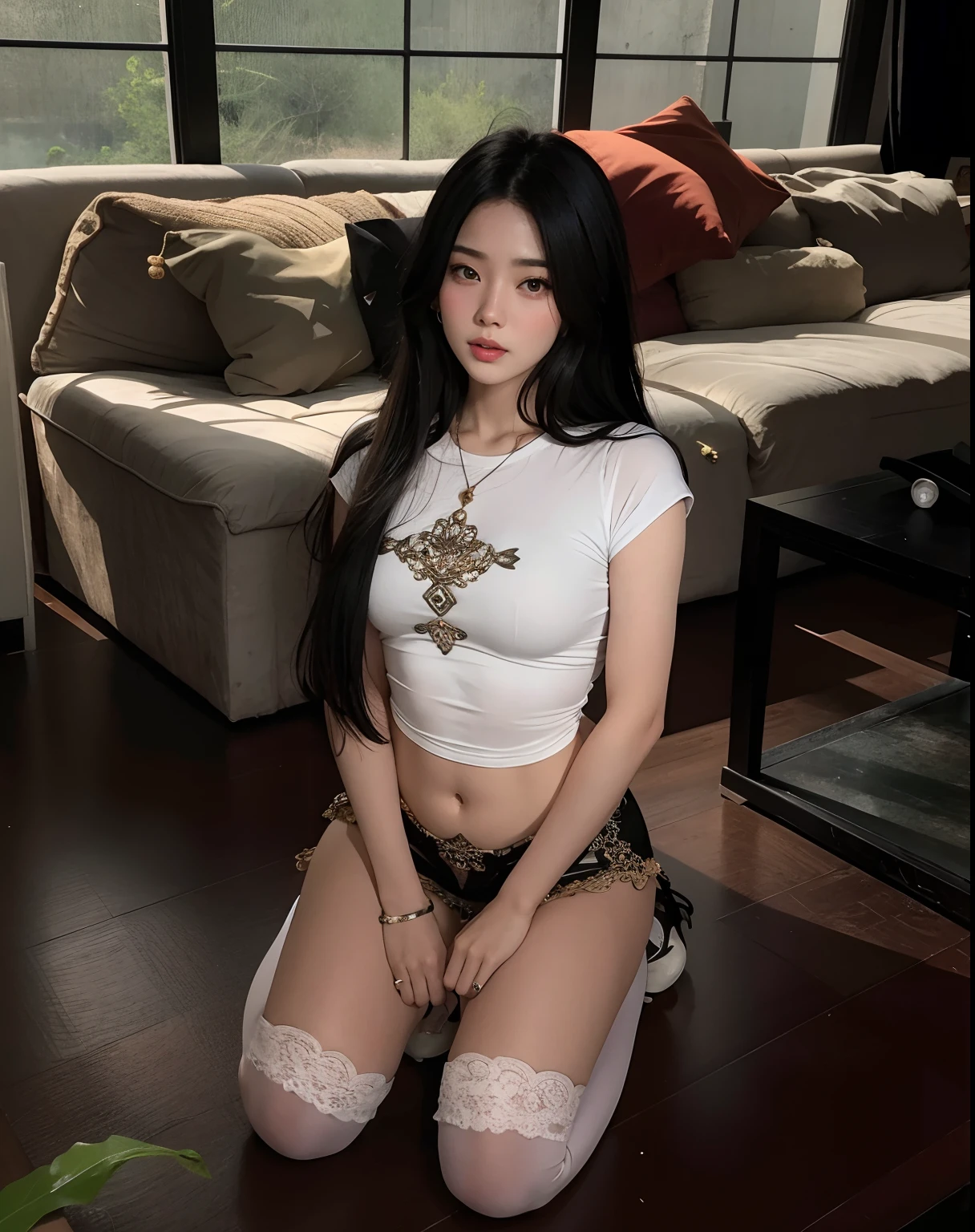 There's a woman sitting on the floor of a room, Xianxia de corpo inteiro, gorgeous chinese model, Deusa japonesa, lone petite female goddess, cruel korean goth girl, com cabelos longos e olhos penetrantes, Asian girl, young asian girl, meias brancas e de comprimento completo, Beautiful Asian girl, Xision Wu, chinesa, angelawhite, Xianxia