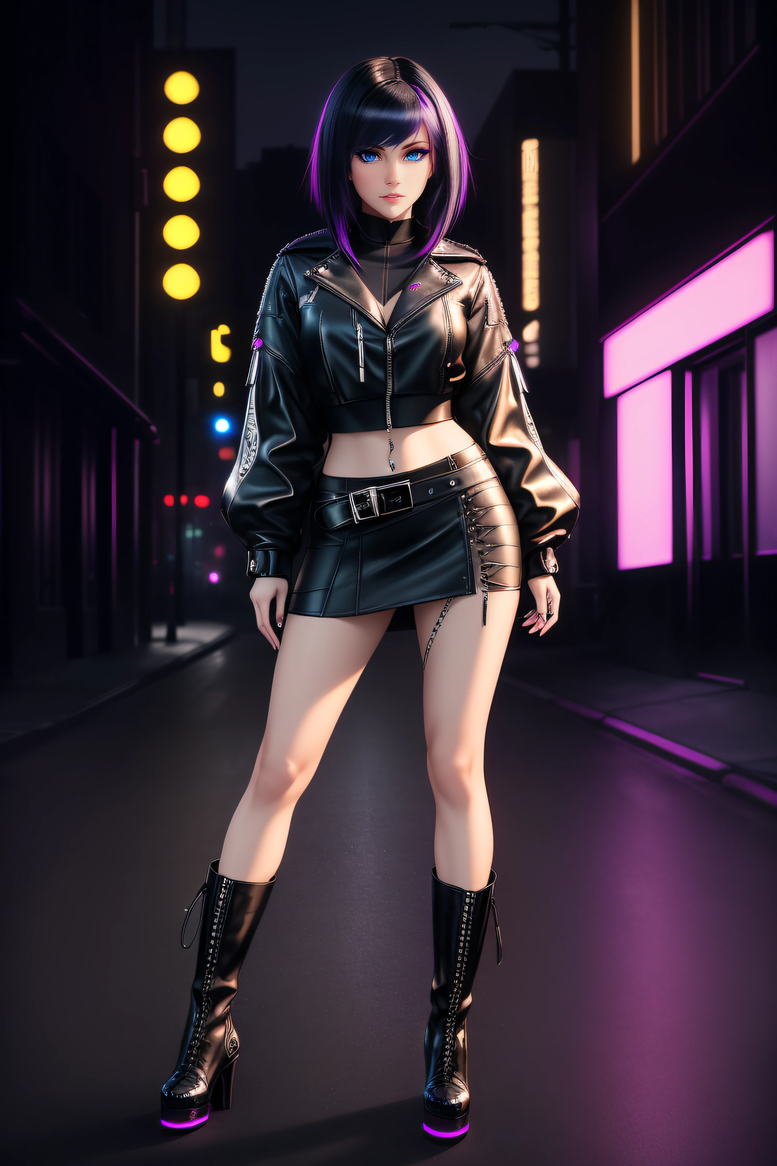 beautiful girl, ((standing:1.4)), (confident gaze:1.1), full body, short bright neon streaked black hair, ((realistic highly detailed eyes:1.4)), ((seductive pose:1.2)), black eyeshadow, (street style wear:1.2), ((short skirt)), ((knee high leather boots)), (dark city night black background:1.4), dark makeup, digital art, trending on artstation, highly detailed, fine detail, intricate, detailed facial features, sharp focus, smooth, aesthetic,