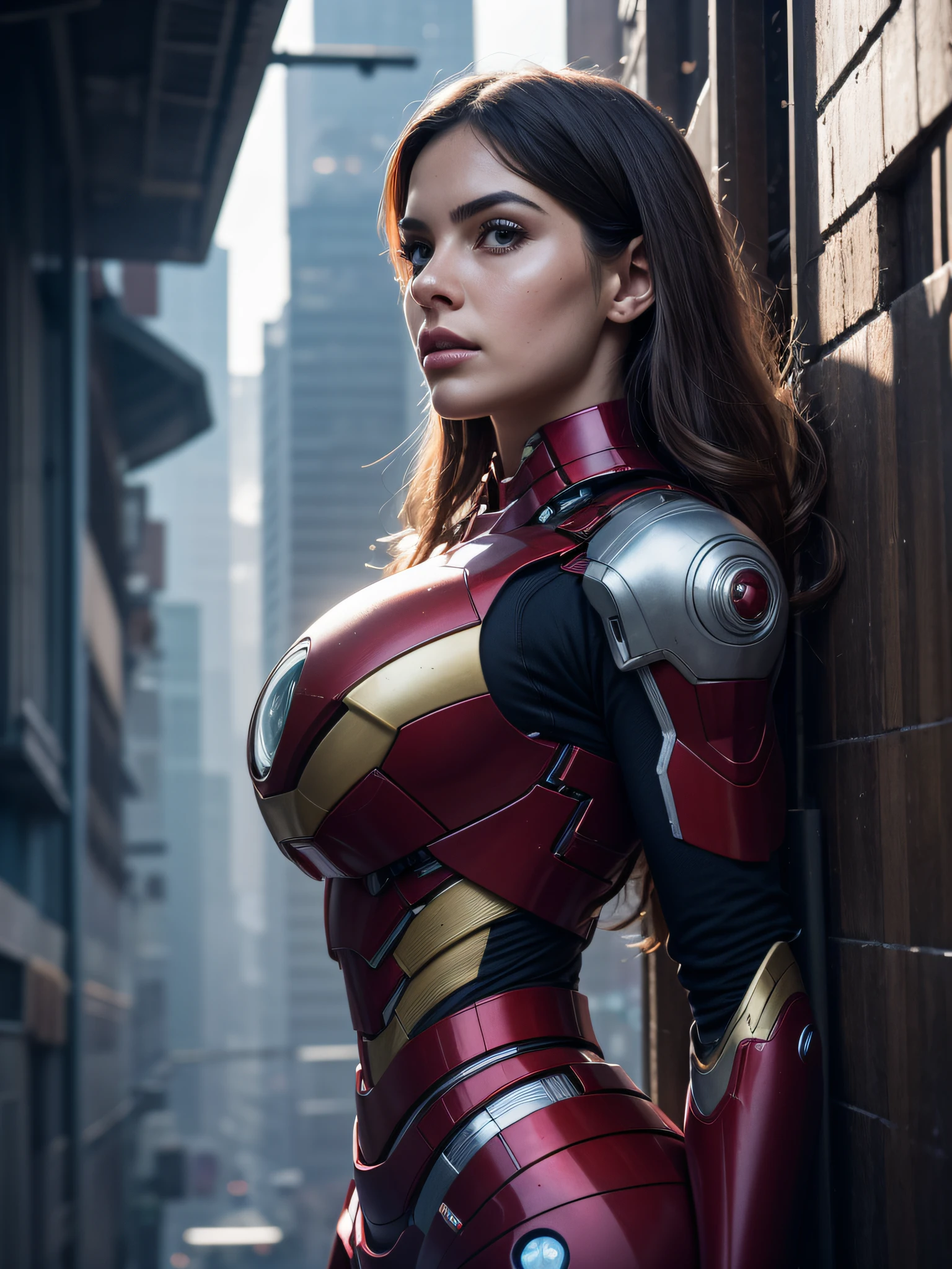 Professional Whole Body Photo, (Photo 4k:1.1) by (Jeremy Lipking:0.3), (Dittmann Anna:0.3), (Cecile:0.3), (Fine Focus:1.3), High Precision, Cyborg Woman, Medium Breasts (1girl: 1.3), __Body Parts, Official Art, Unity 8k Wallpaper, ultra detailed, beautiful and aesthetic, very short hair with small punk crete, beautiful, centerpiece, best quality,. . RAW, Masterpiece, Super Fine Photo,, Best Quality, Super High Resolution, Photorealistic, Sunlight, Whole Body Portrait, Incredibly Beautiful, Dynamic Pose, Delicate Face, Vibrant Eyes, (Side View), She Wears A Futuristic Iron Man Robot, Red and, Very detailed background of abandoned warehouse, detailed face, Busy, messy, beautiful, milky, very detailed, realistic skin details, visible pores, sharp focus, volumetric fog, 8K UHD, DSLR, High Quality, Film Grain, Clear Skin, Photorealism, Lomography, Sprawling Metropolis in a Futuristic Dystopia, Bottom View, Translucent, Half Moore