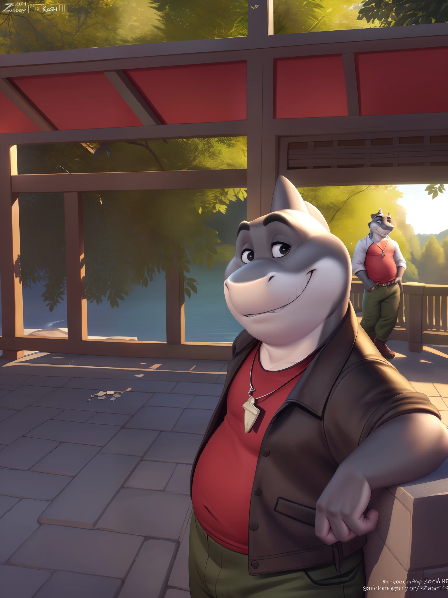 mr shark, plump, fat, belly, black eyes, (pose:1.3), (posing:1.3), (soft shading), 4k, hi res, five fingers, detailed hands, ((detailed face, (detailed eyes:1.0), detailed)), (full body), by zackarry911, by zaush, (by personalami:0.5), looking at viewer, shirt, 1boy, jacket, male focus, open clothes, pants, red shirt, dog tags, green pants, giant head, huge head, big head