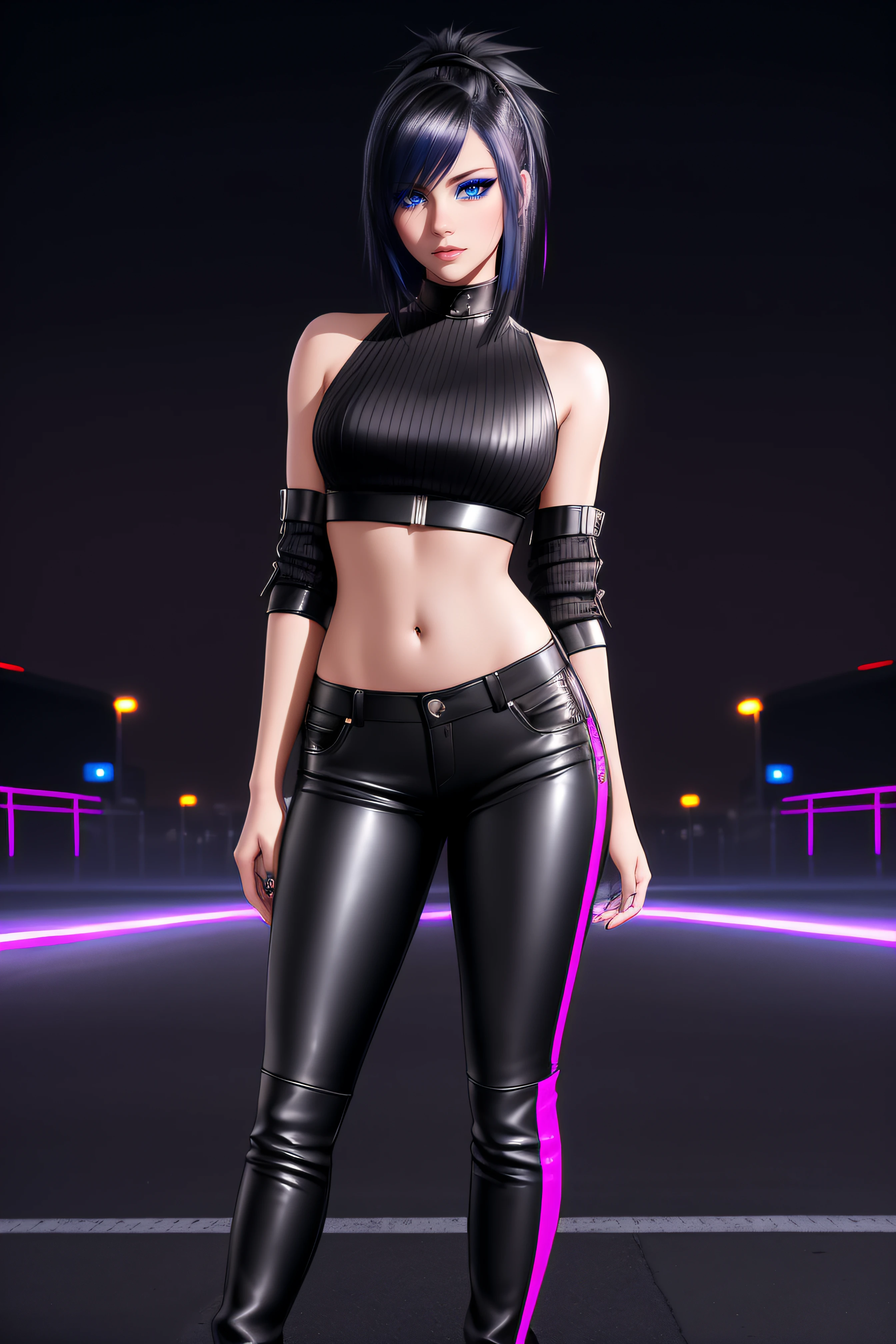 beautiful girl, ((standing:1.4)), (confident gaze:1.1), full body, short bright neon streaked black hair, ((realistic highly detailed eyes:1.4)), ((seductive pose:1.2)), black eyeshadow, (street style wear:1.2), ((tight fitted pants)), ((knee high leather boots)), (dark city night black background:1.4), dark makeup, digital art, trending on artstation, highly detailed, fine detail, intricate, detailed facial features, sharp focus, smooth, aesthetic,