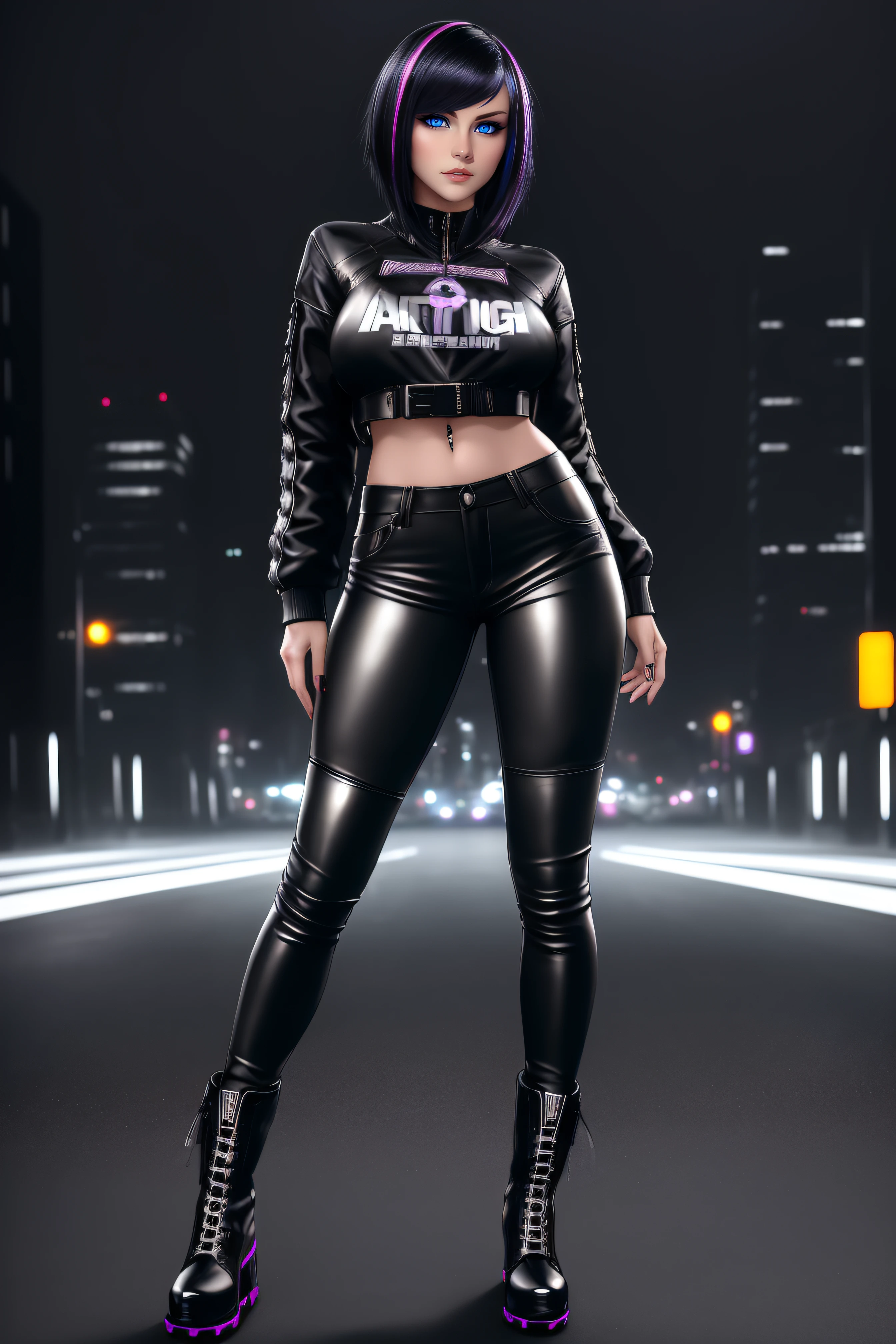 beautiful girl, ((standing:1.4)), (confident gaze:1.1), full body, short bright neon streaked black hair, ((realistic highly detailed eyes:1.4)), ((seductive pose:1.2)), black eyeshadow, (street style wear:1.2), ((tight fitted pants)), ((knee high leather boots)), (dark city night black background:1.4), dark makeup, digital art, trending on artstation, highly detailed, fine detail, intricate, detailed facial features, sharp focus, smooth, aesthetic,