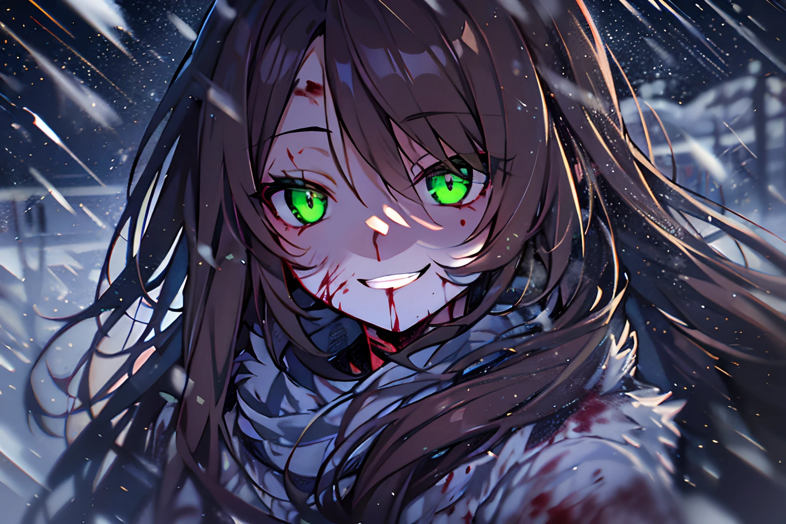 hight resolution,Anime girl with glowing green eyes, glowing eyes, standing in snow, looking into camera, smirking, long brown hair, dark shadow over face, night time, blood splatter on face, spikey long hair, dark brown