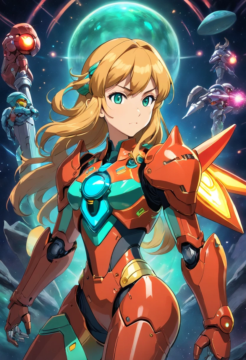 Imagine Samus Aran from the Metroid video game wearing a detailed armor inspired by the Knights of the Zodiac. This armor is colorful and ornate, with golden details and elements representative of the knights. Samus is in a heroic pose, with her hand raised high, holding a futuristic weapon, and a determined look in her eyes. The scene radiates an aura of power and bravery while blending the essence of Metroid with the epic style of the Knights of the Zodiac