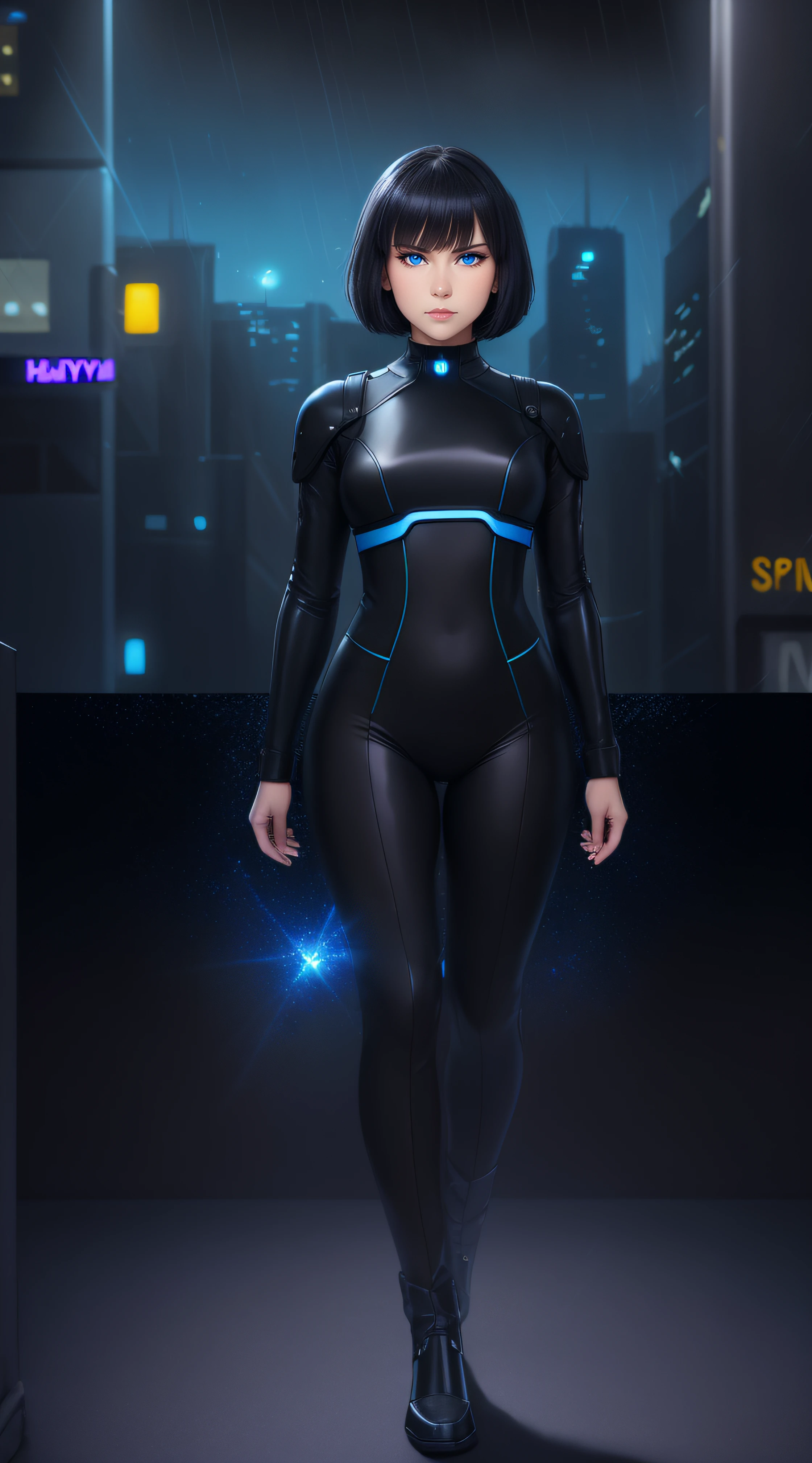 Science Fiction,Sci-Fi,Sci-Fi Movies,Foundation Movie References,Stories about Rebellion,Anti-Government Groups,25-Year-Old Woman, Full Body, Adult,Dark Blue Water-Colored Eyes,Black Bob Short Hair,leather body suit,Serious Face,Realistic Face Resolution,Realistic,Object Resolution, (dark city night black background:1.4)