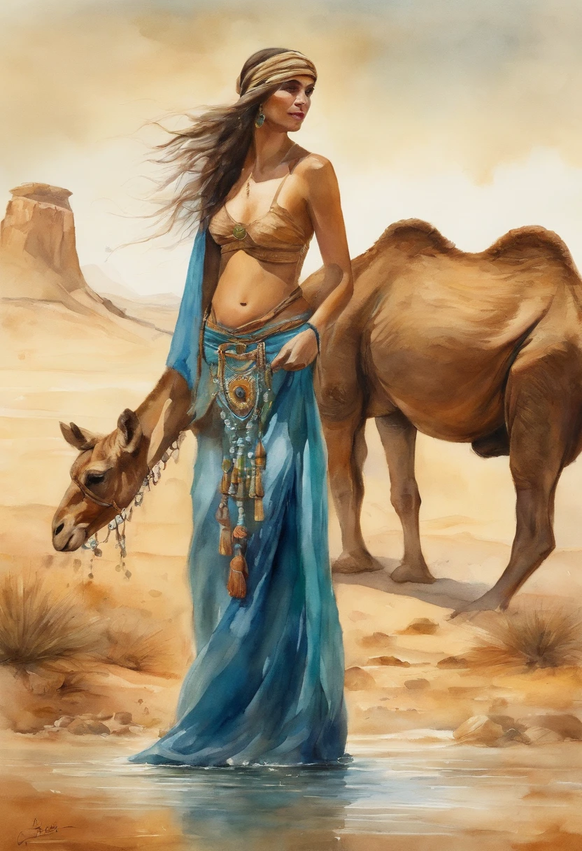 mulher dando agua para camelos no deserto