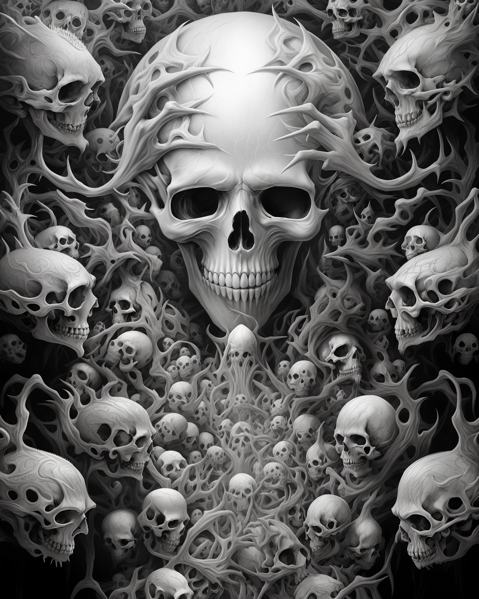 a black and white photo of a large group of skulls, highly detailed dark art, skulls around, fantasy skull, skull liminal void background, adorned with demon skulls, detailed 4k horror artwork, morphing skulls, with a crown of skulls, sacred skull, crown of skulls, eerie highly detailed, mark brooks detailed, skulls and skeletons, sacred skulls