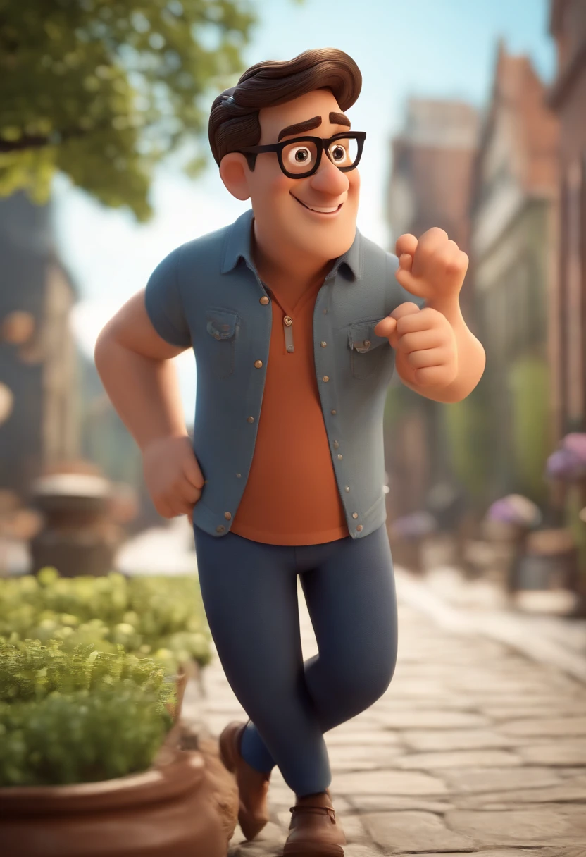 Cartoon character of a man wearing black glasses and a blue shirt, um personagem animado, Caractere estilizado, animation style rendering, 3D estilizado, Arnold Maya render, 3 d render stylized, toon render keyshot, Personagem 3D, Personagem 3D, 3d rendering stylized, 3 d character render, personagem de desenho animado, Personagem de close up, Pose de personagem, (Estilo Pixar) (master part:1.2) (Bokeh) (best quality) (pele detalhada) (textura detalhada) (8k) (argila) (Cinematic lighting) (foco nítido,Senta e vaza a parte superior do corpo
