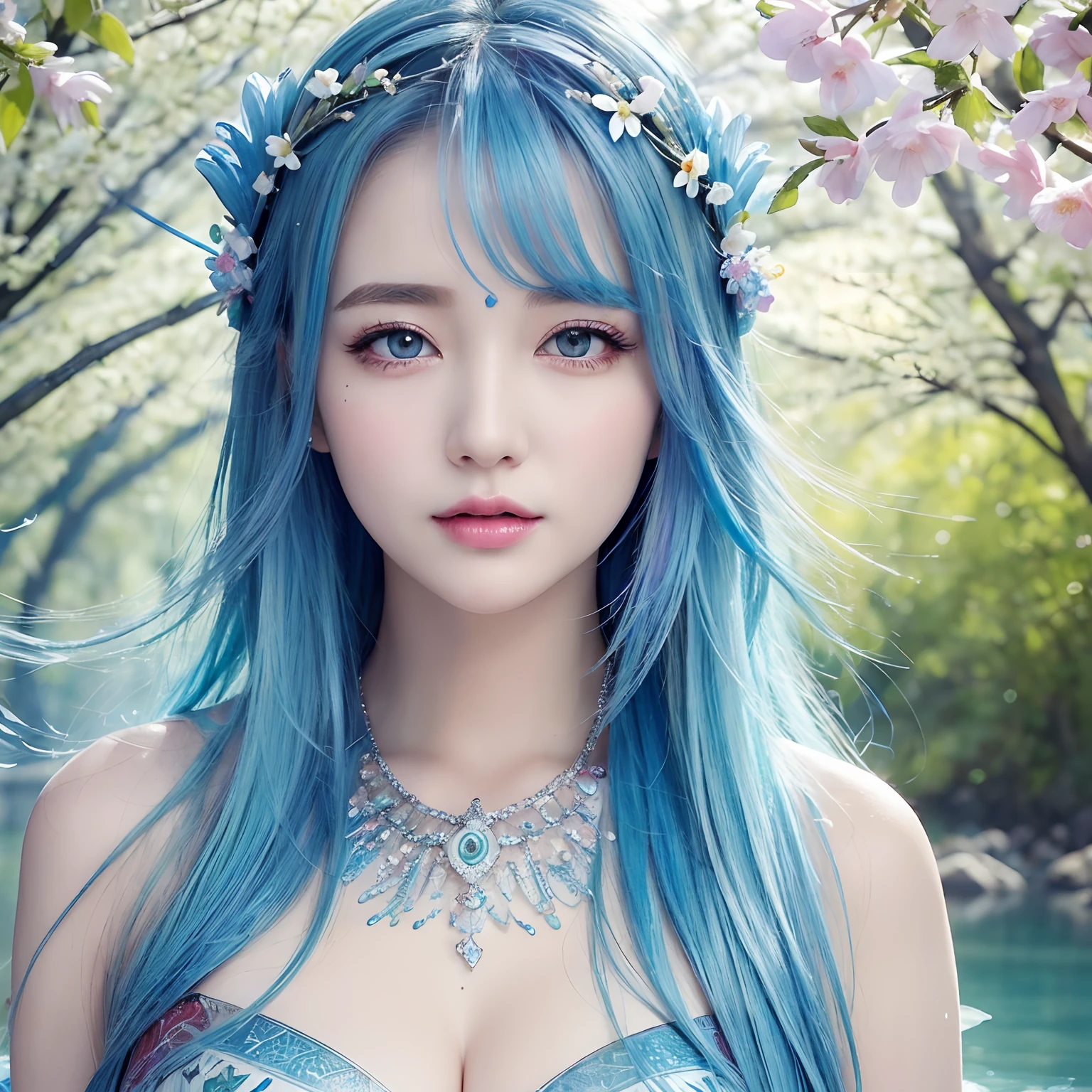 (bestquality),(masterpiece:1.2), (colorfully:0.9), (ink splashes),(color splashes),((watercolor)), clear sharp focus, Model Shoot,, (Goddess of Spring:1.5), Lovely expression.,Elegant blue hair, Detailed, face-and-eye beauty, Elegant goddess clothes, Spring Forest Background,, colored water