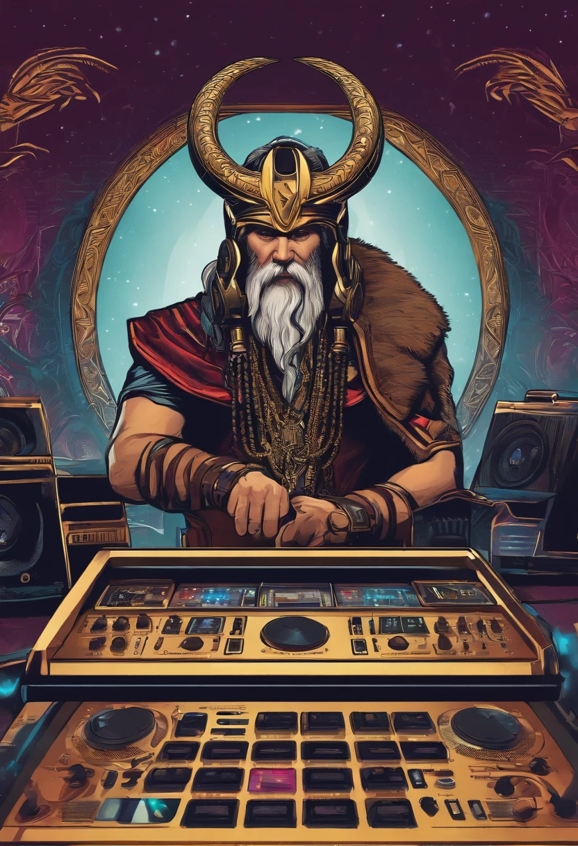 odin usando fone de ouvido em asgard com um mixer de dj
