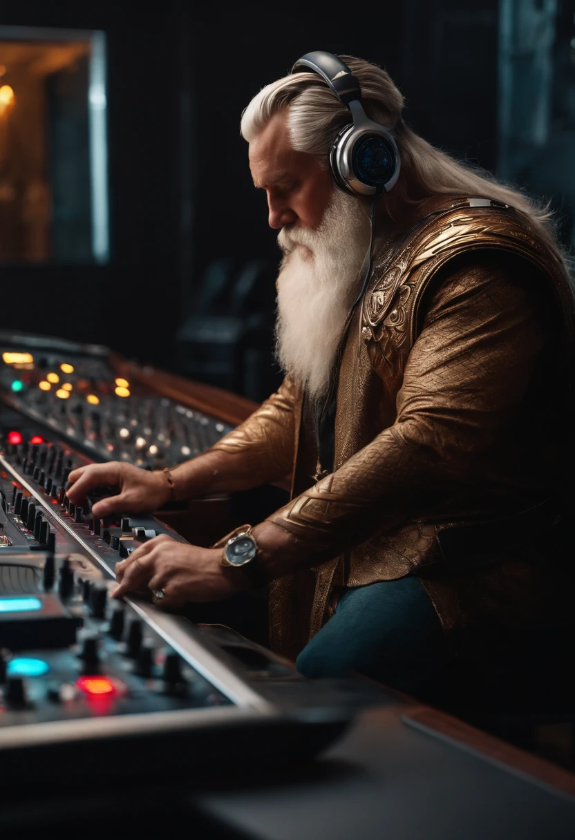 odin usando fone de ouvido em asgard com um mixer de dj