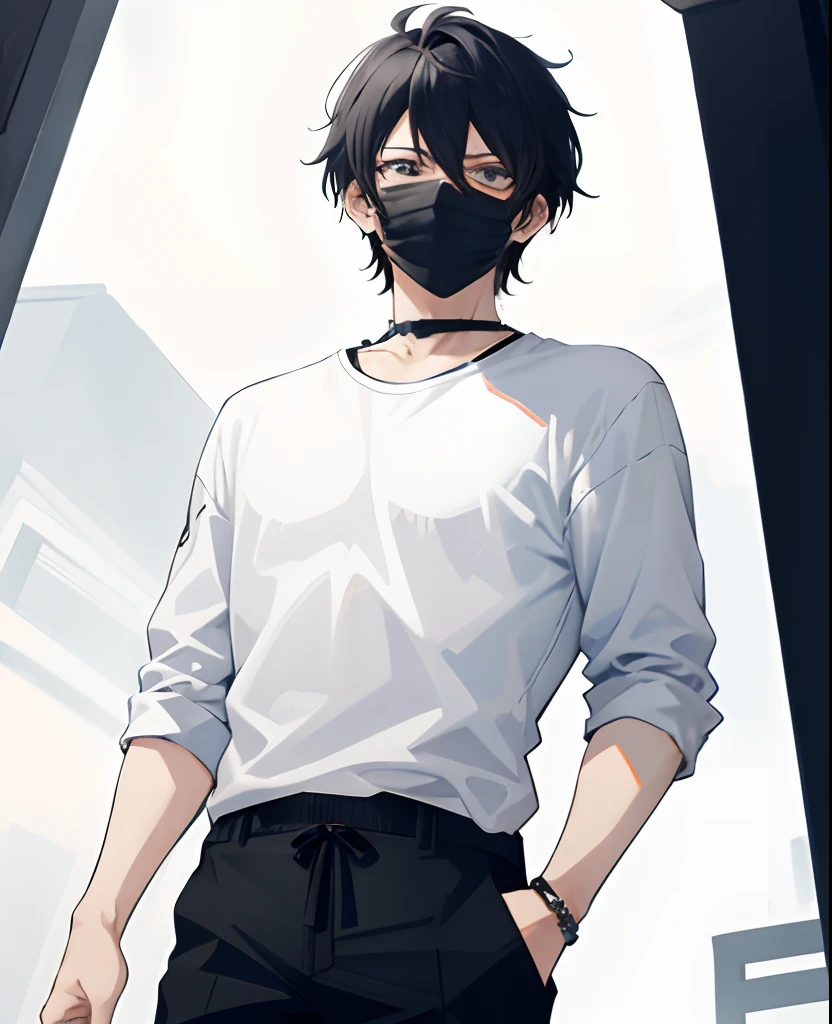 boy,anime, reality,black hair,black mask,black shirt,black trousers,hand touching mask,white skin