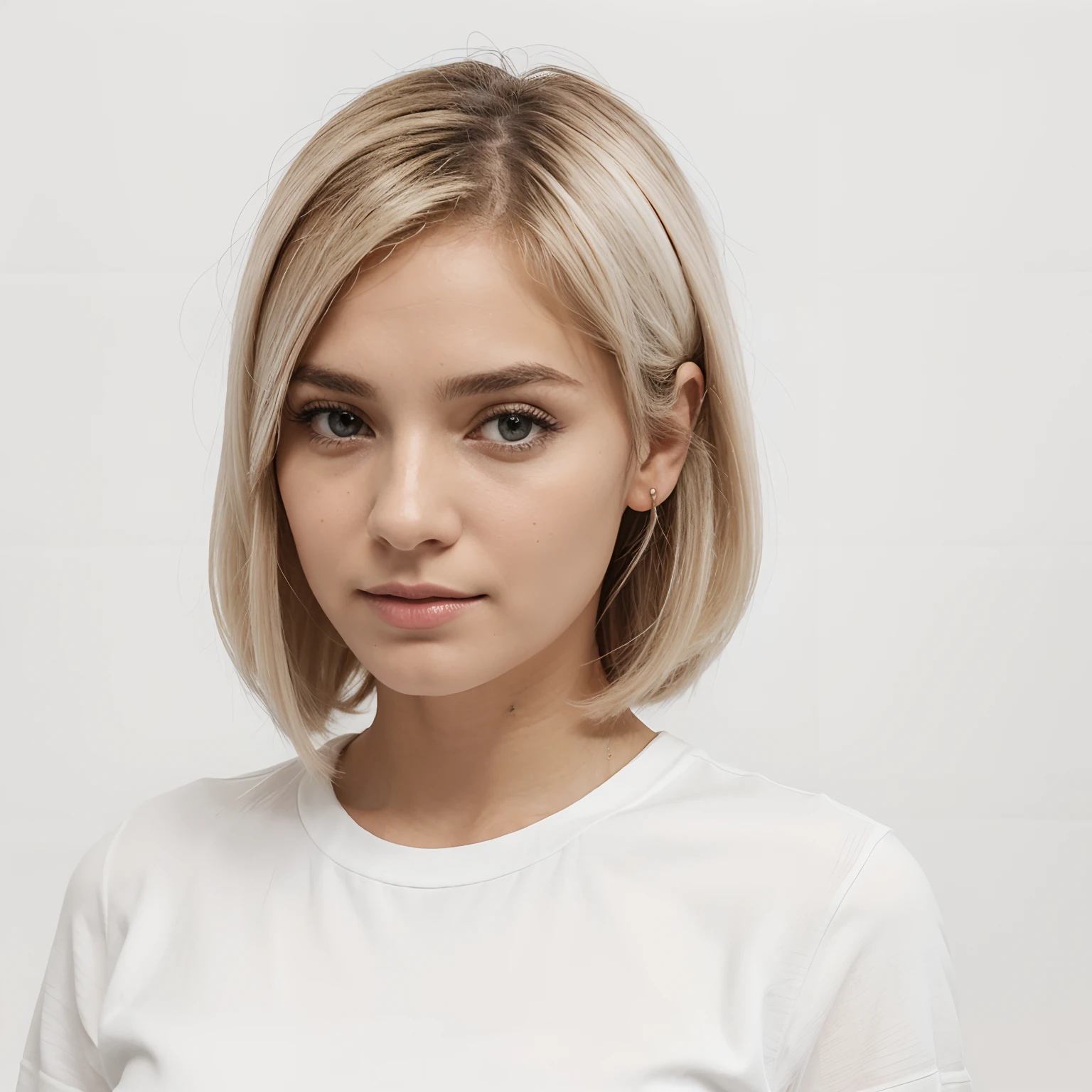 Uma mulher de trinta anos, ela tem cabelos loiros, It is white and has a simple appearance, She's on a white background, realista