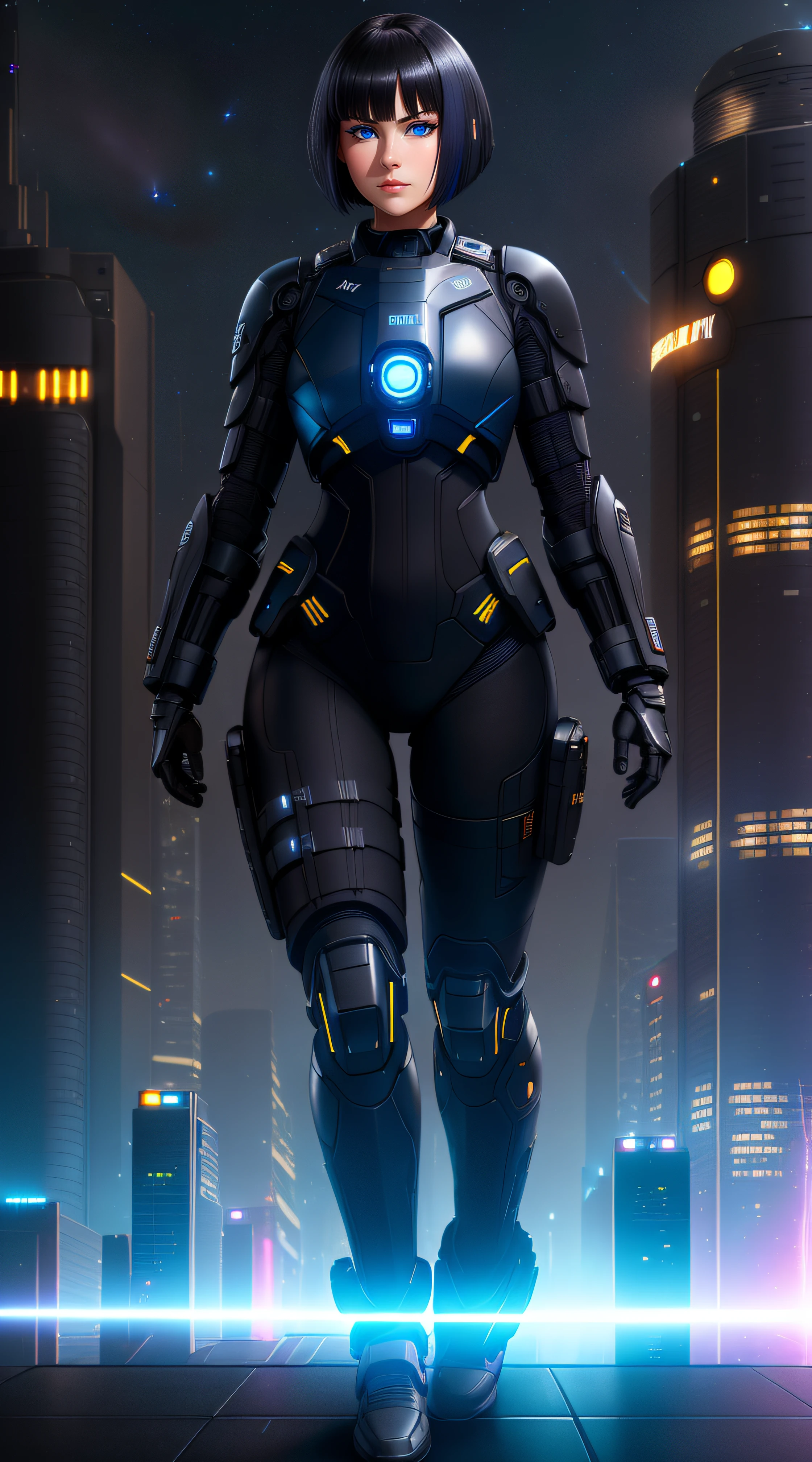 Science Fiction,Sci-Fi,Sci-Fi Movies,Foundation Movie References,Stories about Rebellion,Anti-Government Groups,25-Year-Old Woman, Full Body, Adult,Dark Blue Water-Colored Eyes,Black Bob Short Hair,leather body suit,Serious Face,Realistic Face Resolution,Realistic,Object Resolution, (dark city night black background:1.4)