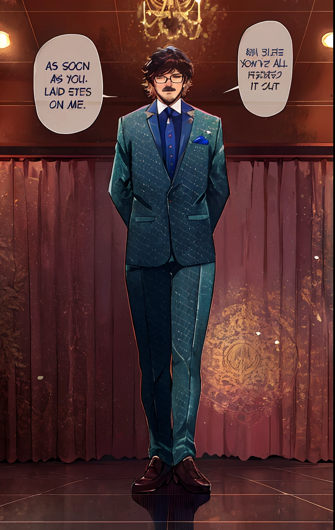 Imagen de estilo anime de un hombre con traje de pie frente a una cortina, Man with small mustache, En un traje estricto, usar un traje, Hacer una pose elegante en ti, vestido con trajes antiguos, posando como una estatua, en su traje, En traje estricto, con traje y corbata