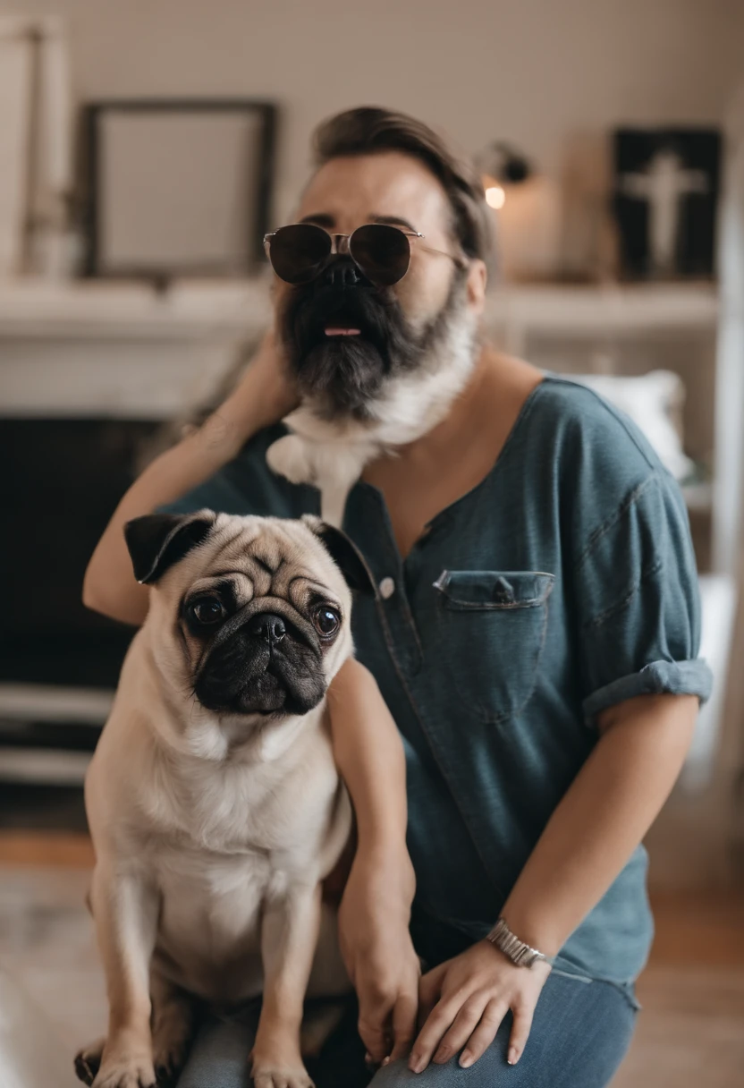 Pixar. Casal com um filhote de cachorro pug abricot. A  tem 28 anos, cabelos castanho claro solto,olhos castanhos, Camiseta cinza e jeans claro, white glasses. O menino8 anos,cabelos pretos com cabelos grisalhos,olhos verdes, oculos escuro, Dark blue jeans and gray t-shirt. Estao felizes.