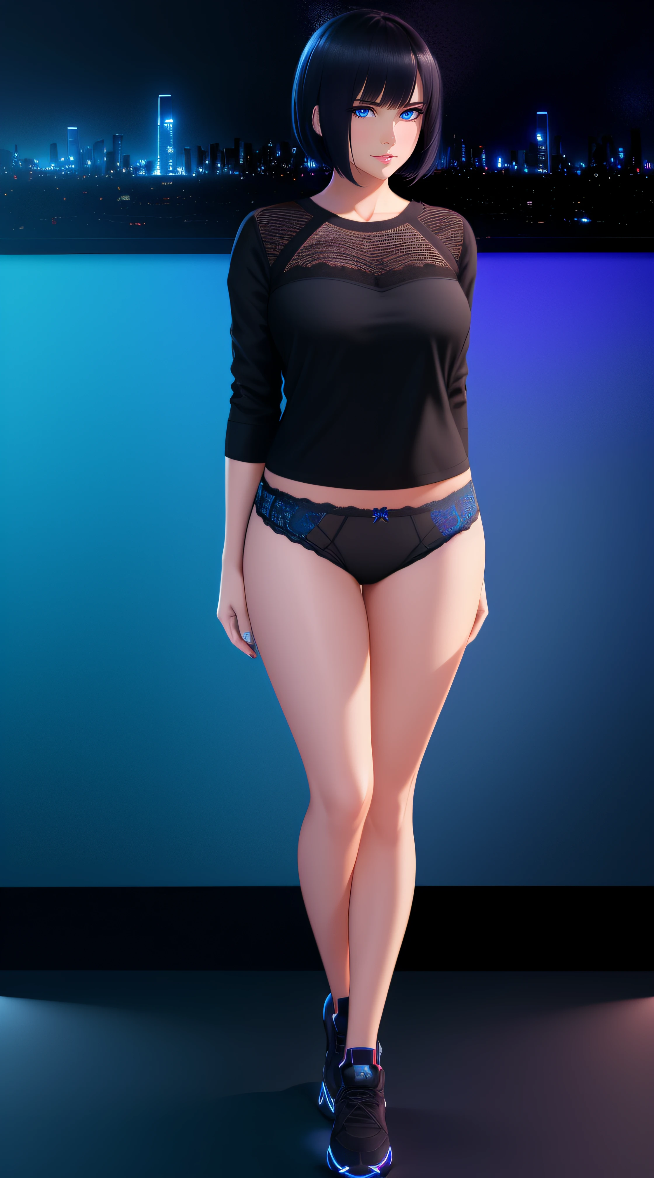 25-Year-Old Woman, Full Body, Adult, Dark Blue Water-Colored Eyes, Bright Neon Lighting, Black Bob Short Hair, strip club outfit, lace underwear, Serious Face, Realistic Face Resolution, Realistic, Object Resolution, (dark city night black background:1.4)