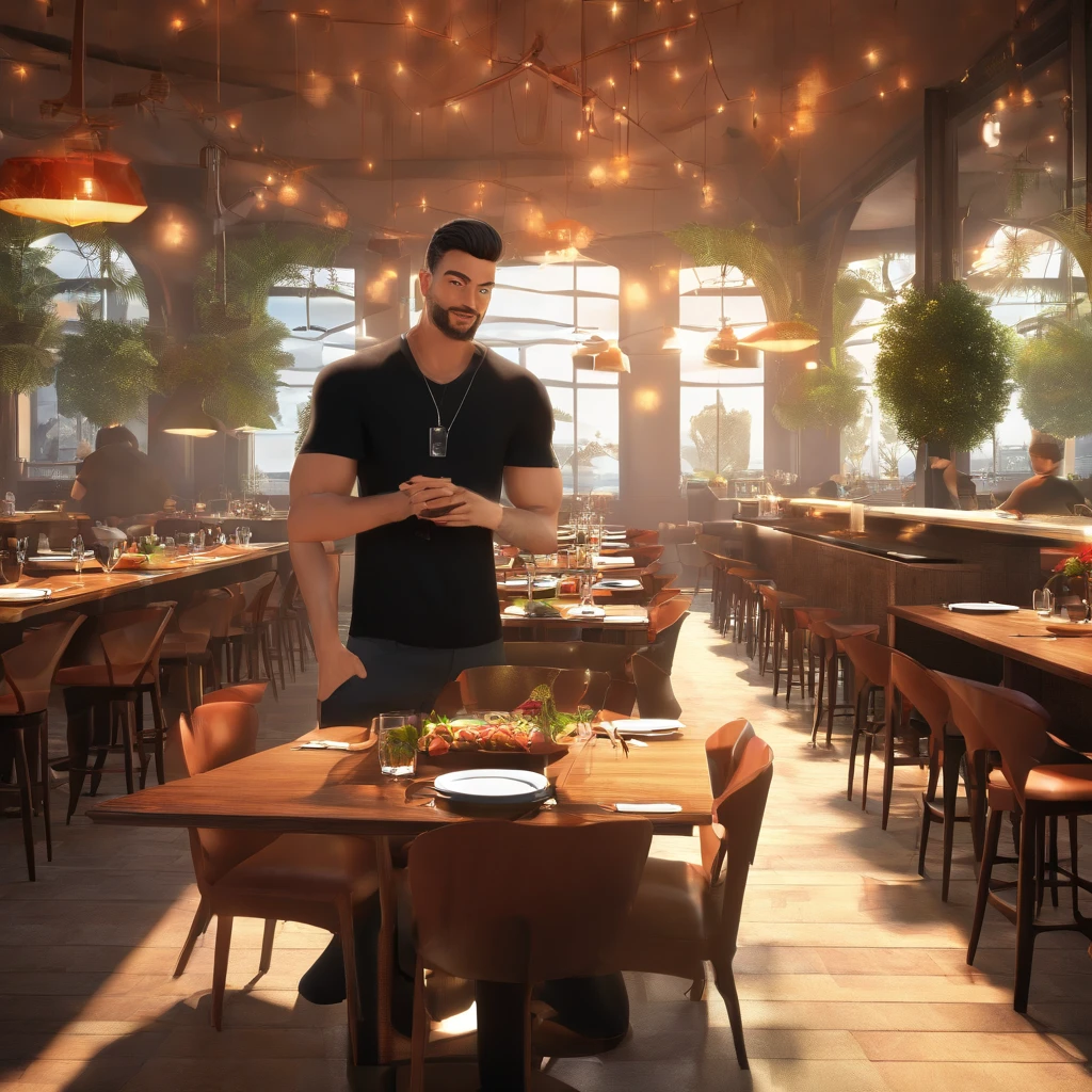 The image features a man with a black shirt and a black necklace, posing for a picture. He is wearing a black shirt and has a black necklace around his neck. The man appears to be in a restaurant setting, as there are dining tables and chairs visible in the background. There are also other people in the scene, with one person sitting at a table and another person standing nearby. The man in the black shirt is the main focus of the image, and he seems to be enjoying his time at the restaurant 3D pixar