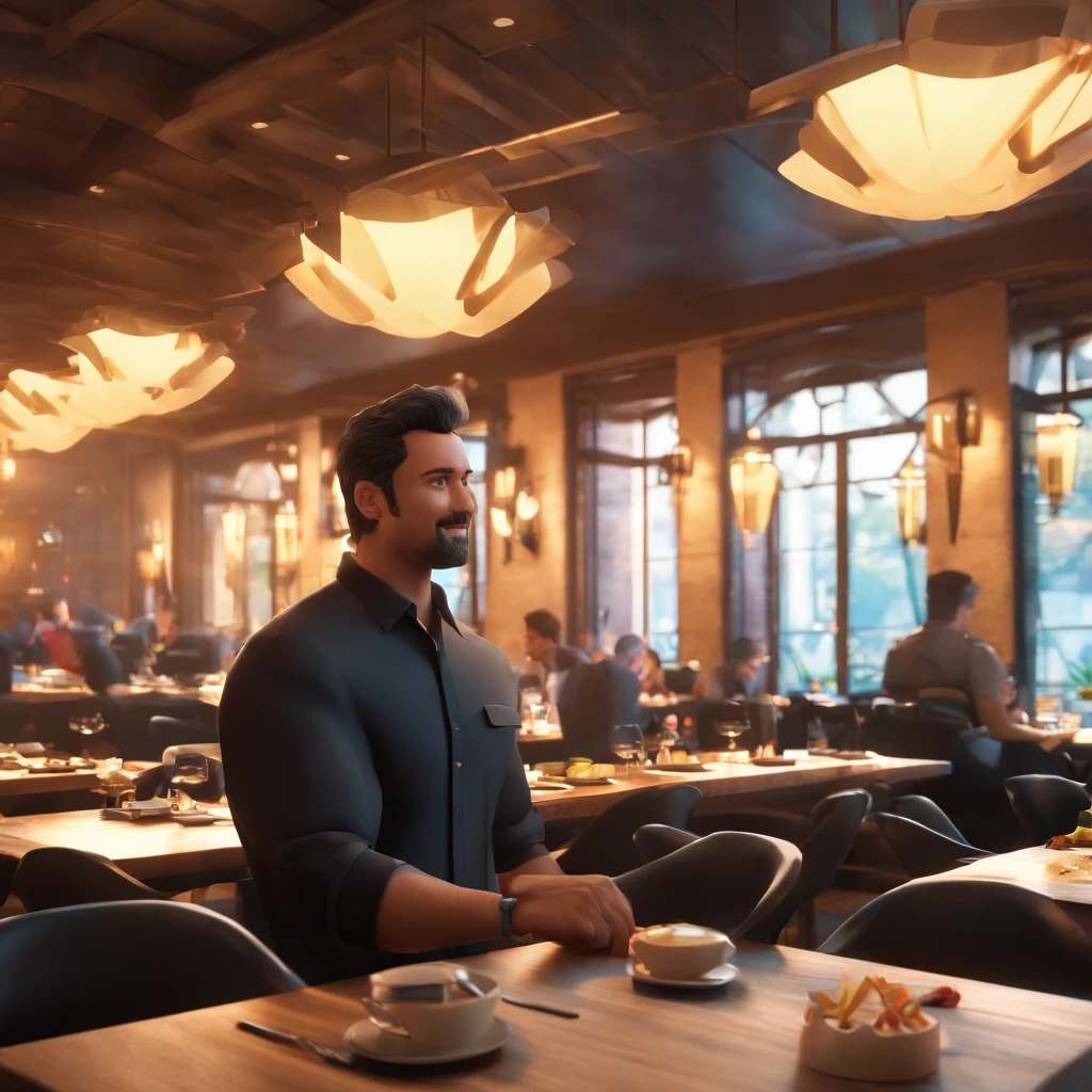 The image features a man with a black shirt and a black necklace, posing for a picture. He is wearing a black shirt and has a black necklace around his neck. The man appears to be in a restaurant setting, as there are dining tables and chairs visible in the background. There are also other people in the scene, with one person sitting at a table and another person standing nearby. The man in the black shirt is the main focus of the image, and he seems to be enjoying his time at the restaurant 3D pixar