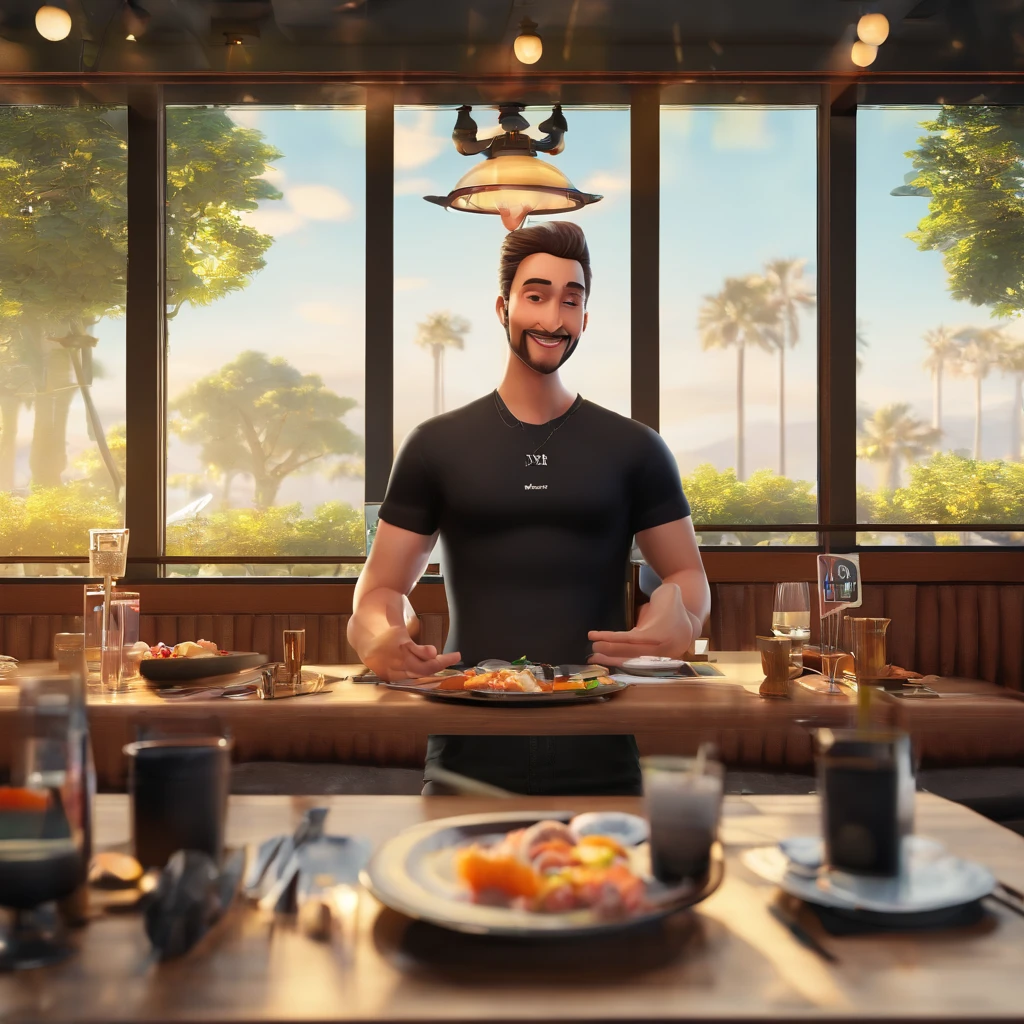 The image features a man with a black shirt and a black necklace, posing for a picture. He is wearing a black shirt and has a black necklace around his neck. The man appears to be in a restaurant setting, as there are dining tables and chairs visible in the background. There are also other people in the scene, with one person sitting at a table and another person standing nearby. The man in the black shirt is the main focus of the image, and he seems to be enjoying his time at the restaurant 3D pixar