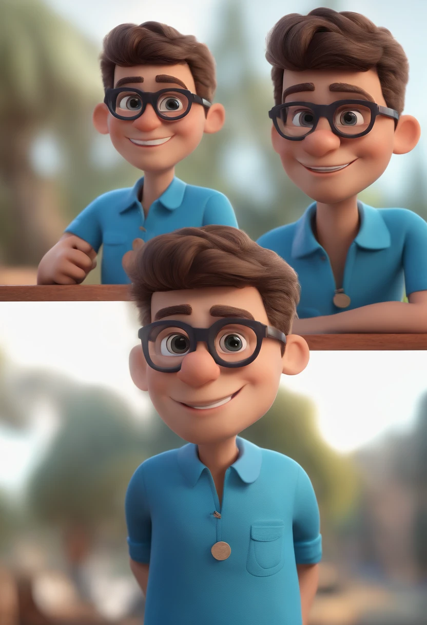 Cartoon character of a man with black glasses and a blue shirt, animation character, Caractere estilizado, animation style rendering, 3D estilizado, Arnold Maya render, 3 d render stylized, toon render keyshot, Personagem 3D, Personagem 3D, 3d rendering stylized, 3 d character render, personagem de desenho animado, Personagem de close up, Pose de personagem,  (Estilo Pixar) (master part:1.2) (Bokeh) (best quality) (pele detalhada) (textura detalhada) (8k) (argila) (Cinematic lighting) (foco nítido