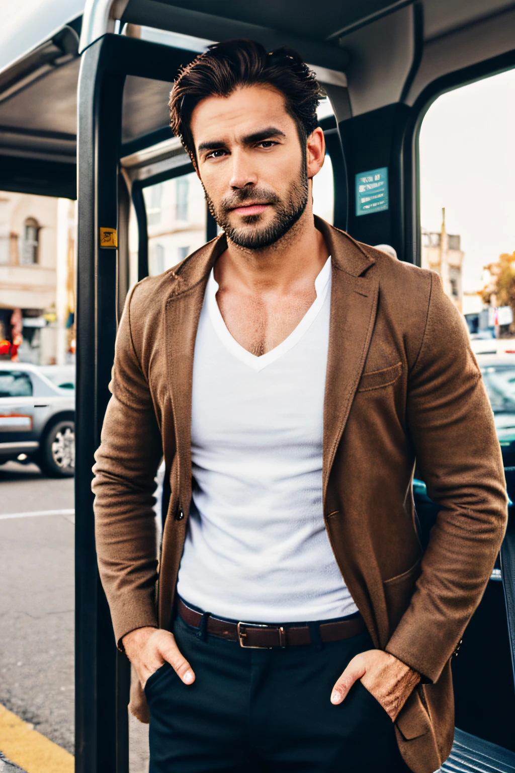 handsome brunette man late 30s at a bus stop