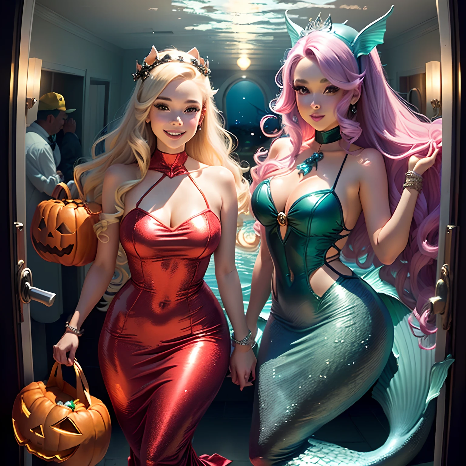 Steve Harvey trick or treating in a mermaid costume. Make the view through a peephole