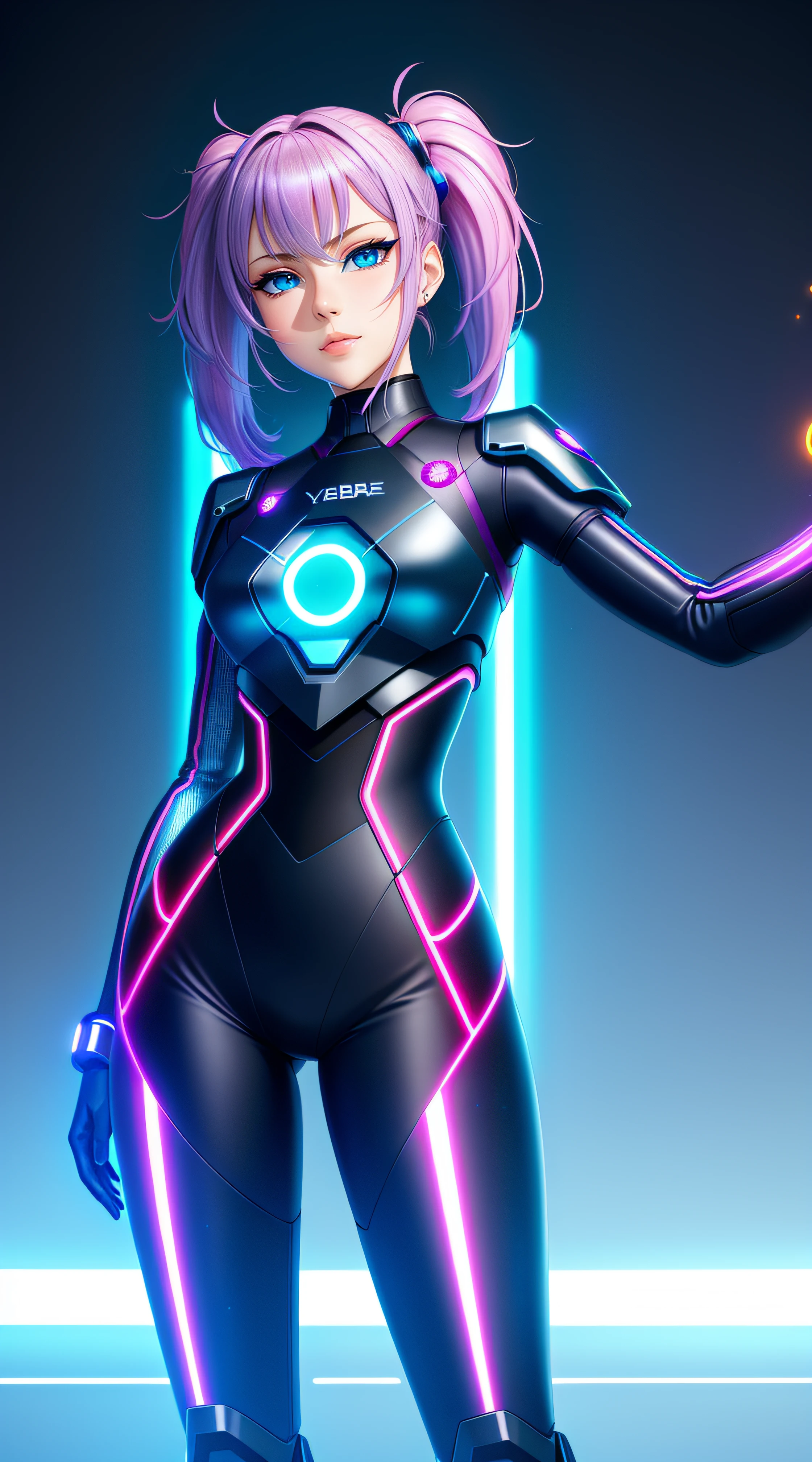 high quality, 8K Ultra HD, full body, have a cyber saber, a mesmerizing 20-year-old woman with a futuristic beauty that seems to transcend time and space, intricately woven into her very being, encased in the cybernetic suit, move with fluidity and precision, Her flowing hair resembles streams of neon lights, casting a vibrant glow that adds a touch of cyberpunk brilliance to her appearance, Each strand of hair is meticulously crafted with holographic patterns that shimmer and shift, creating an ever-changing display of colors, by yukisakura, highly detailed,