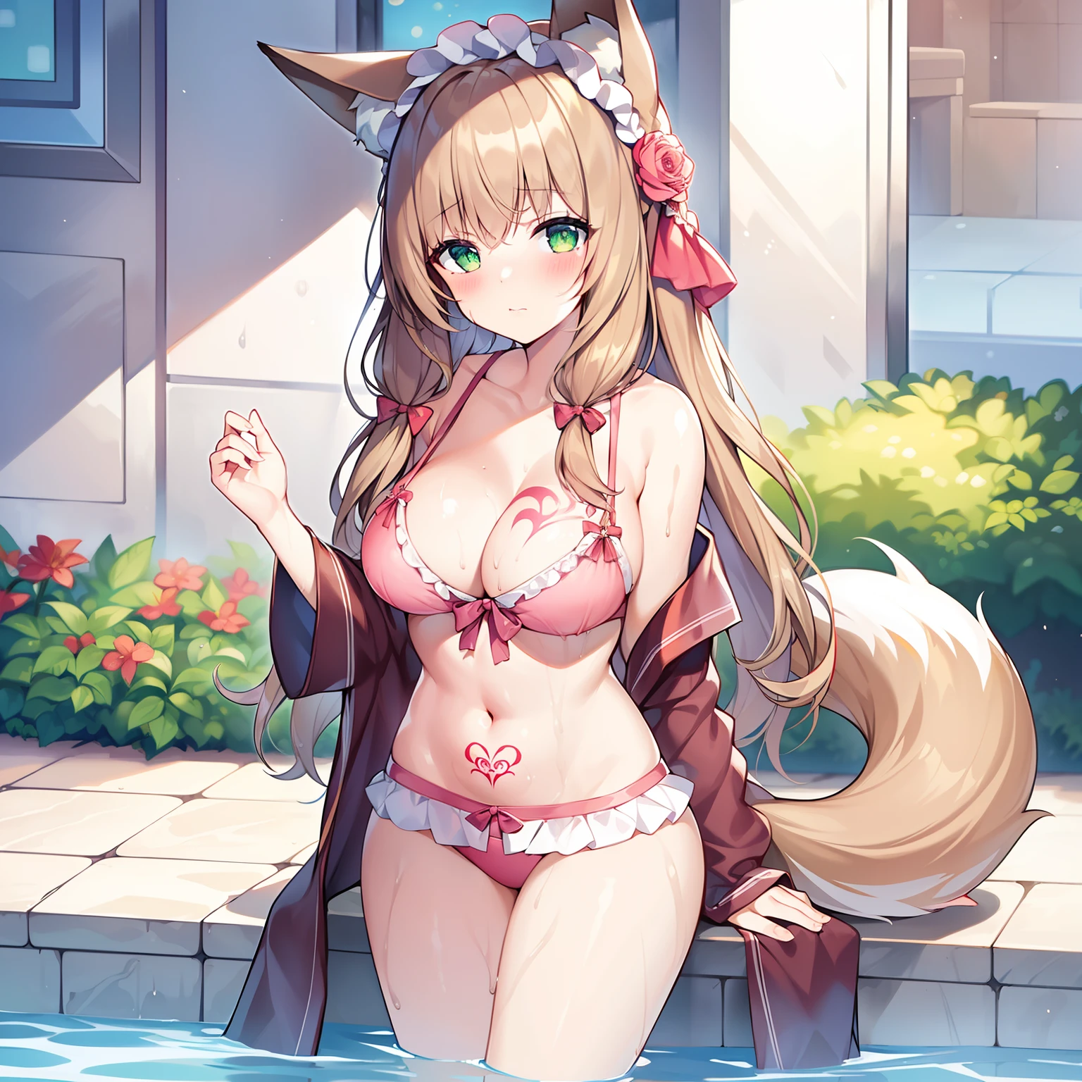 Masterpiece, Best quality, high resolution, 1girll, Solo, Oversized fox tail,Green eyes,(Long brown hair_Sideways French braided hair),Small flower headdress, (27years old,Big breasts wife)_Mature female figure_F Cup,Modern architecture,(Blushing:1.3),Showing , On the stomach_Succubus tattoo, Pink ,Visible ,Wet body , A MILF, pyjamas,