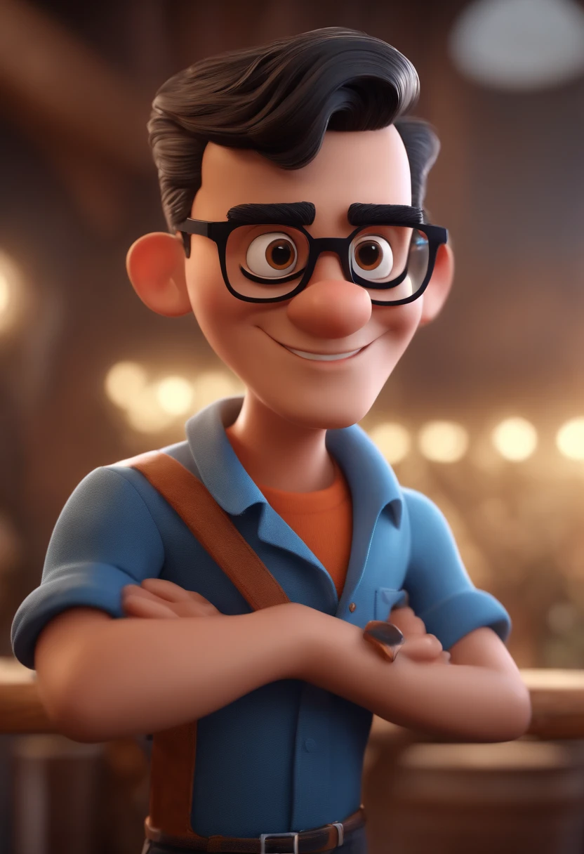 Cartoon character of a man with black glasses and a blue shirt, animation character, Caractere estilizado, animation style rendering, 3D estilizado, Arnold Maya render, 3 d render stylized, toon render keyshot, Personagem 3D, Personagem 3D, 3d rendering stylized, 3 d character render, personagem de desenho animado, Personagem de close up, Pose de personagem,  (Estilo Pixar) (master part:1.2) (Bokeh) (best quality) (pele detalhada) (textura detalhada) (8k) (argila) (Cinematic lighting) (foco nítido