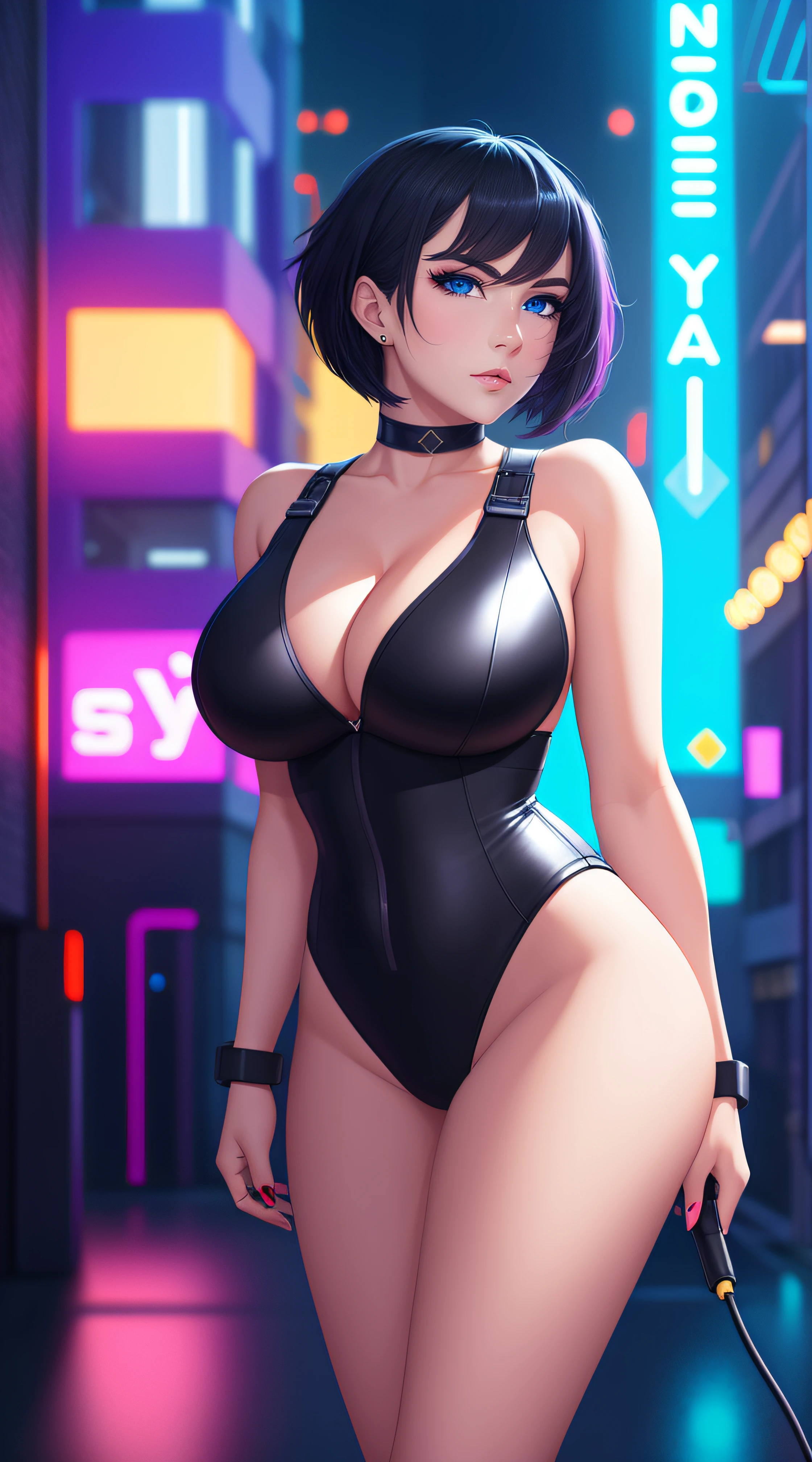 25-Year-Old Woman standing, Full Body, Adult, Dark Blue Water-Colored Eyes, Neon Lighting, Black Bob Short Hair, cyberpunk femme fatale, seductive cyberpunk dark fantasy, cyberpunk strip clubs, oppai cyberpunk, Serious Face, Realistic Face Resolution, Realistic, Object Resolution, (dark city night black background:1.4), deep cleavage, banner, high definition cgsociety, cgsociety masterpiece, trending on cgstation, kda