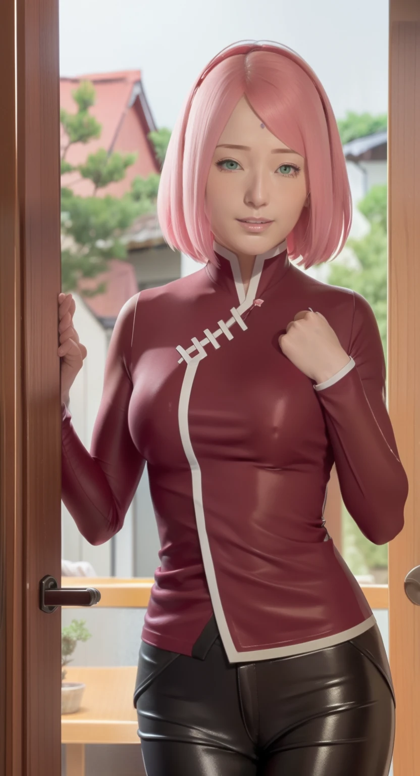 Sakura Uchiha.  a woman was standing in the doorway.  one of a's hands is seen holding the door.  and the other hand folded to the chest.  he was seen wearing a red ceongsam.  very tight.  thus making the curves of her body traced.  showing off her big, round breasts.  she has short pink hair.  which is very straight and fluffy.  untied, not tied.  with skin as white as snow.  cute blushing red cheeks.  and tiny red lips.  he appeared to be smiling and looking at the camera.  so beautiful and realistic