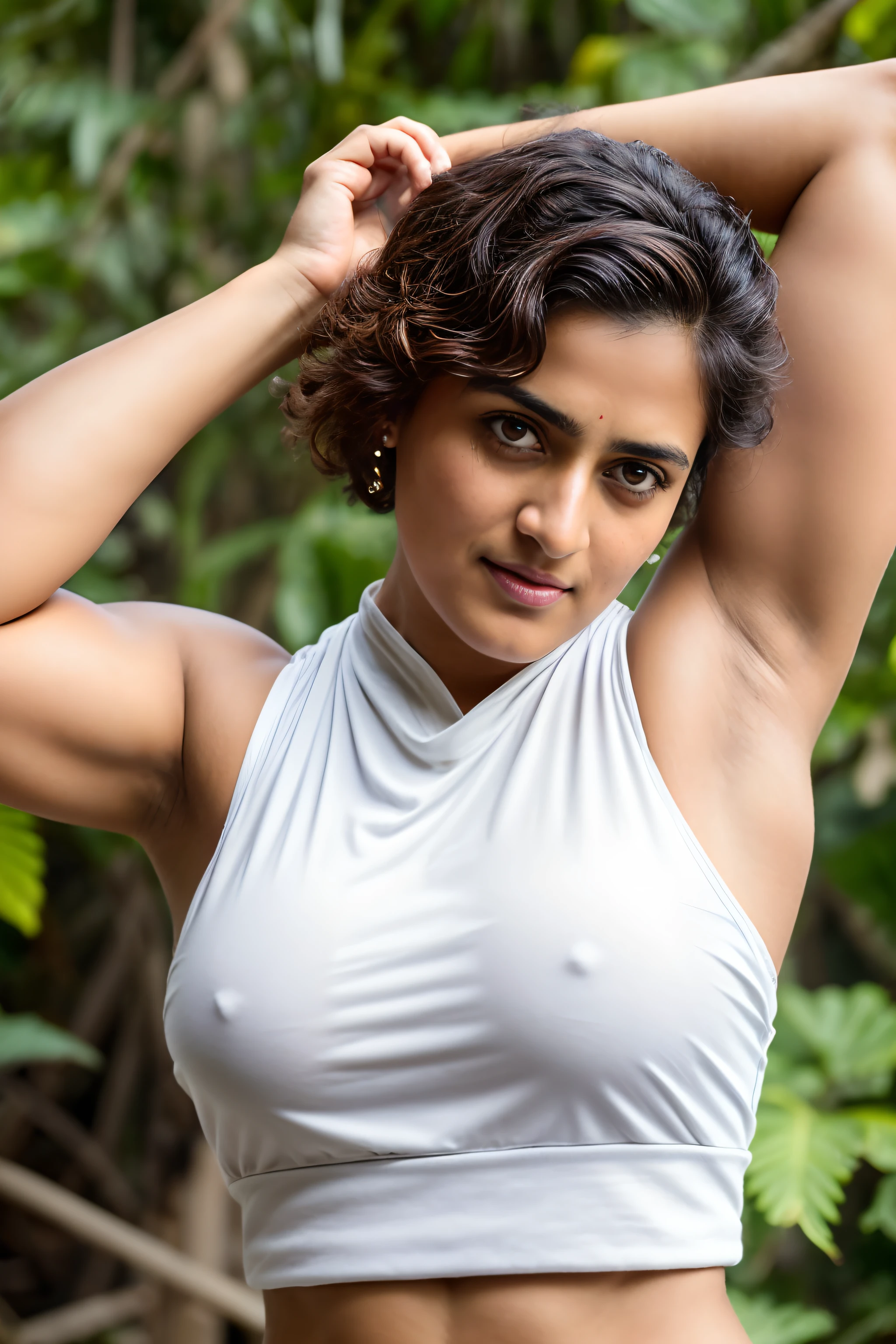 Face of PV Sindhu and Tapsee Pannu, perfect thick dusky Beauty, dynamic lighting, detailed hairy armpits, super hot cop, mascular Woman doing exercise, cinematic Lightning, Highest quality, (dramatic lighting:0.7), masterpiece, high angle shot, perky breast, big tight breast, RAW photo of (pale 45 year old military Special Force woman with short hair, mascular woman with heavy physique, looking up at the viewer), cute, Extremely sweat, (wearing sleeveless 
square neck vest, thin cotton ), doing free hand excercise in a military camp in jungle, portrait, perfect face, alluring eyes, vivid detail, (highly detailed skin), freckles, sfw, (blue tint:0.6), (dirty:0.8), (bloody:0.7), key lighting, (backlighting:0.5), medium depth of field, photographed on a Canon 5D, 50mm lens, F/4 aperture, (hyperdetailed, intricate details), sharp focus, muted colors, 8k, absurdres, 8mm film grain, war photography, perfect eyes, detailed eyes,