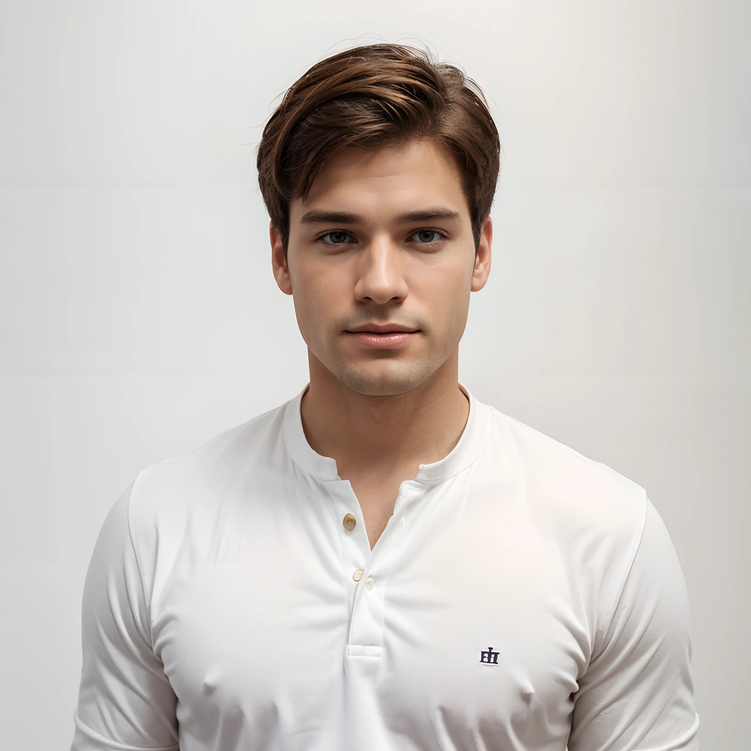 homem branco de quarenta anos, He has a simple appearance and brown hair, realista, He's on a white background
