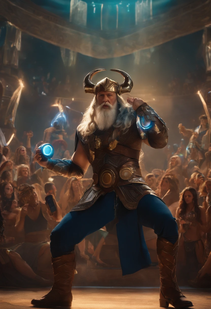 Odin wearing headphones in Asgard with a DJ mixer and Thor dancing funk in Zeuz's skirt